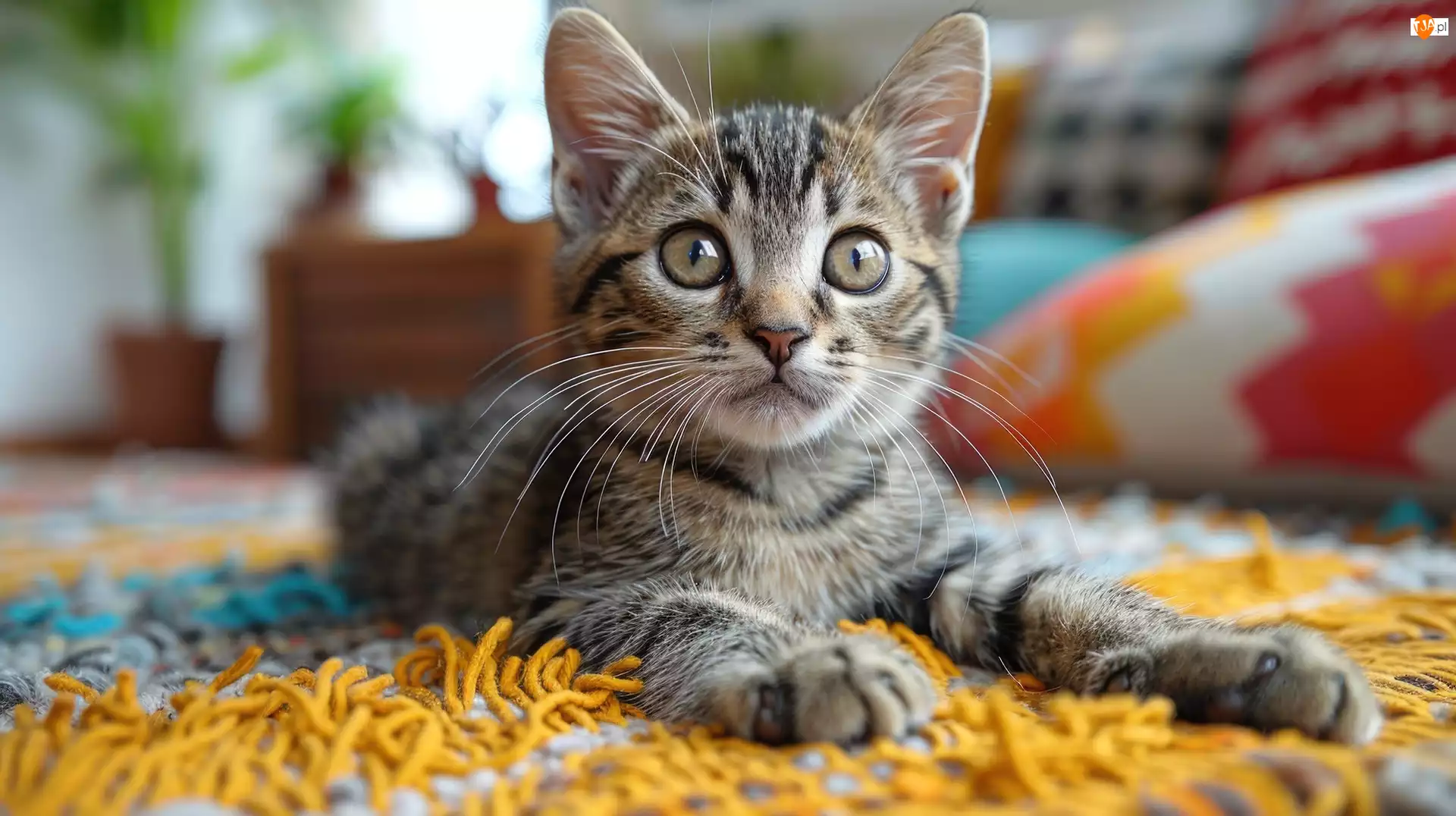 Szary, Leżący, Kolorowy, Poduszki, Kot, Dywan