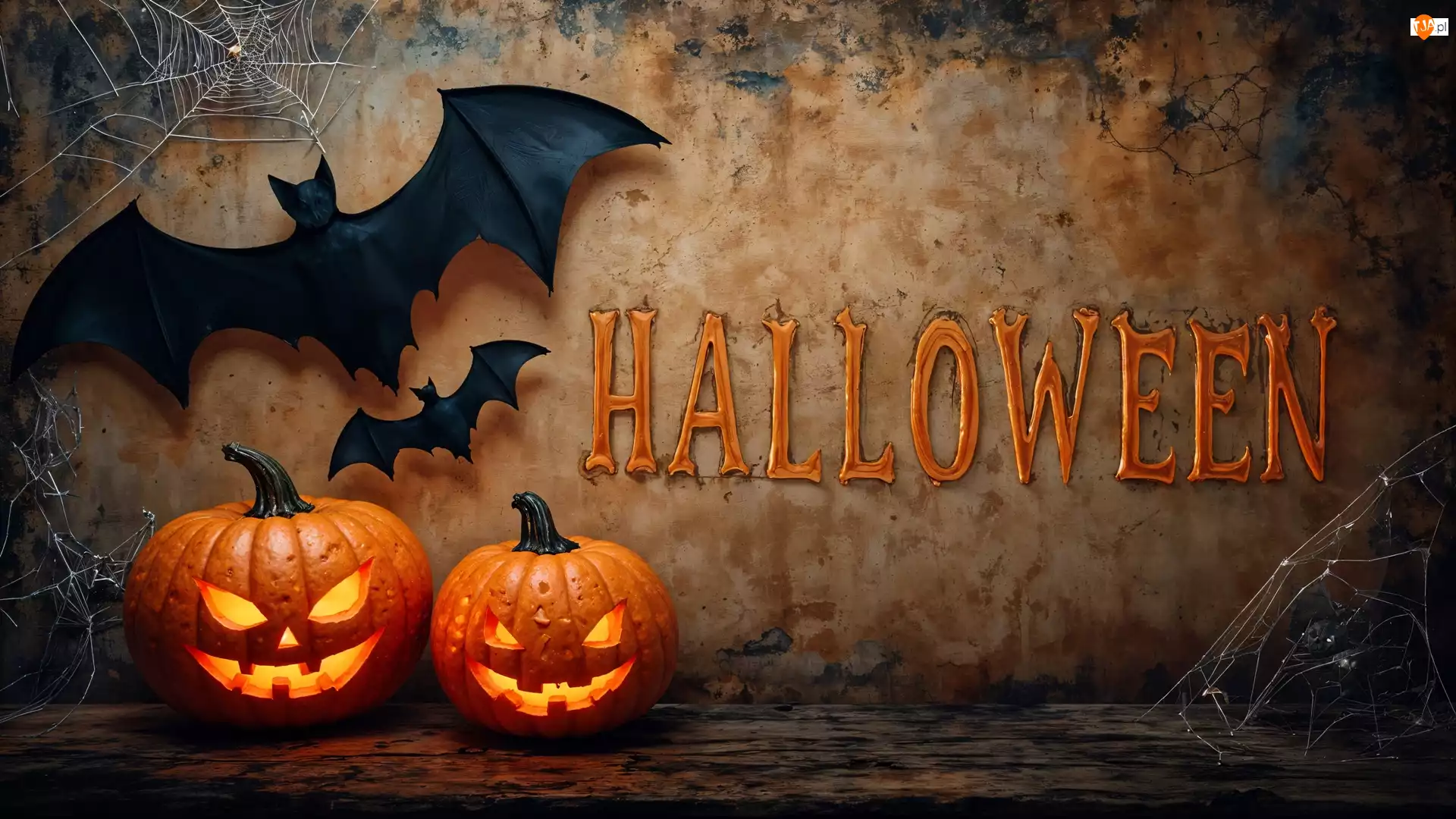 Ściana, Grafika AI, Nietoperze, Dynie, Halloween
