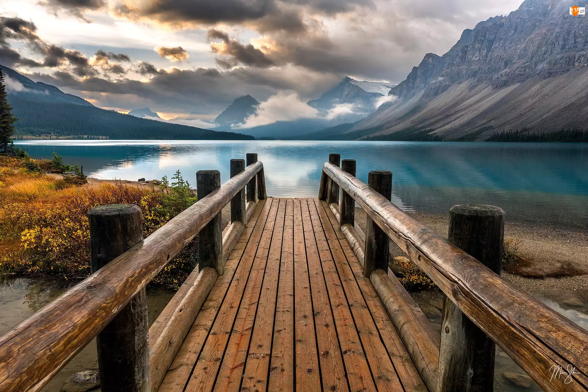 Rośliny, Alberta, Pomost, Jezioro, Bow Lake, Park Narodowy Banff, Góry, Kanada, Chmury