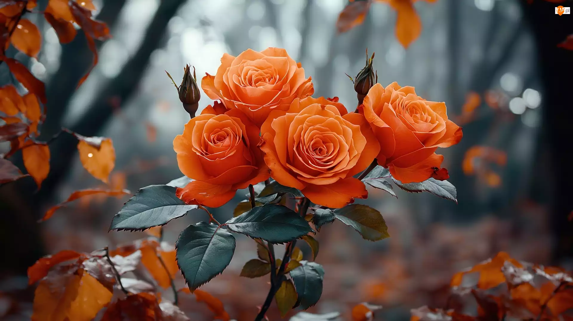 Liście, Pomarańczowe, Róże