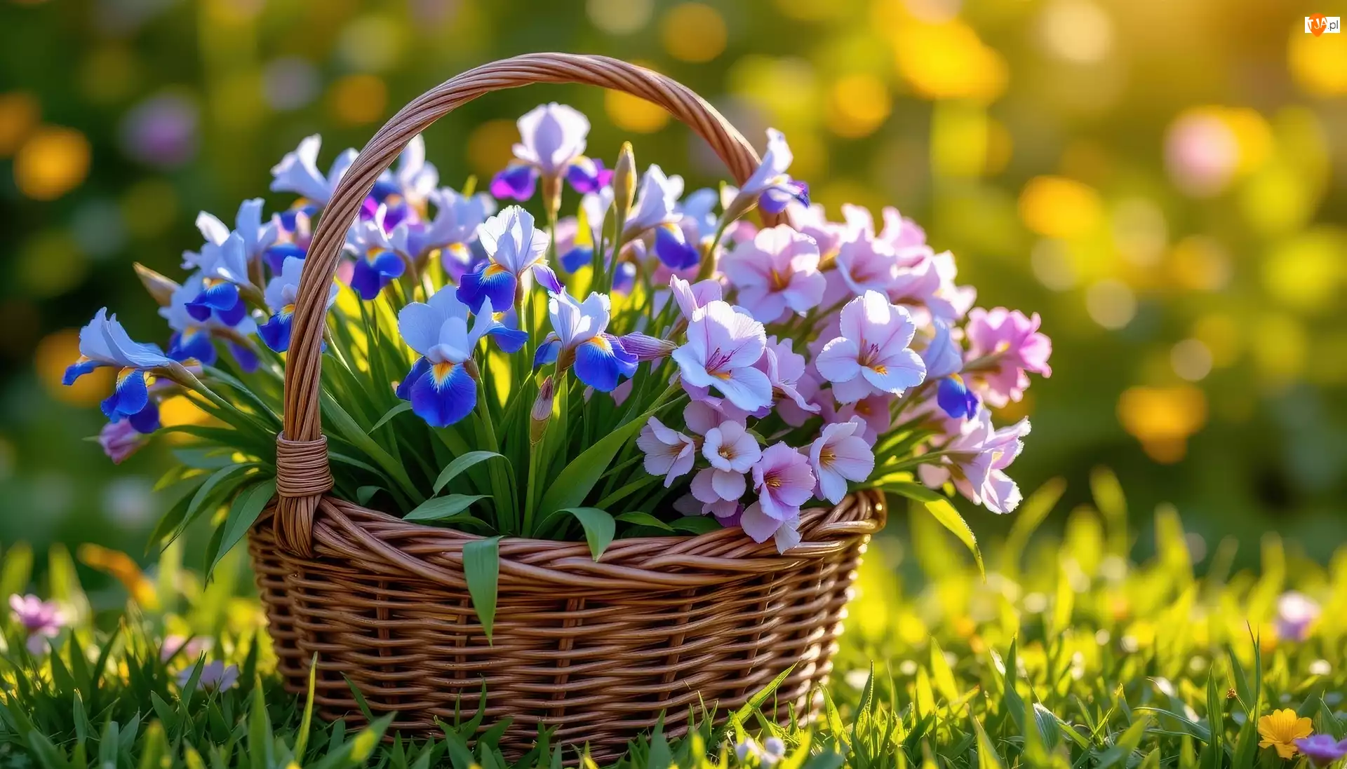 Irysy, Koszyk, Niebieskie, Kwiaty, Wiklinowy