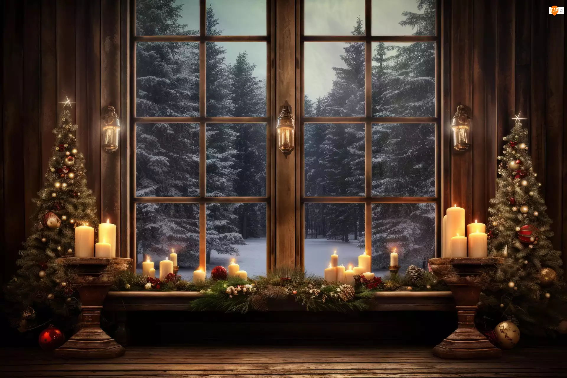 Choinka, Zima, Okno, Boże Narodzenie, Świeczki