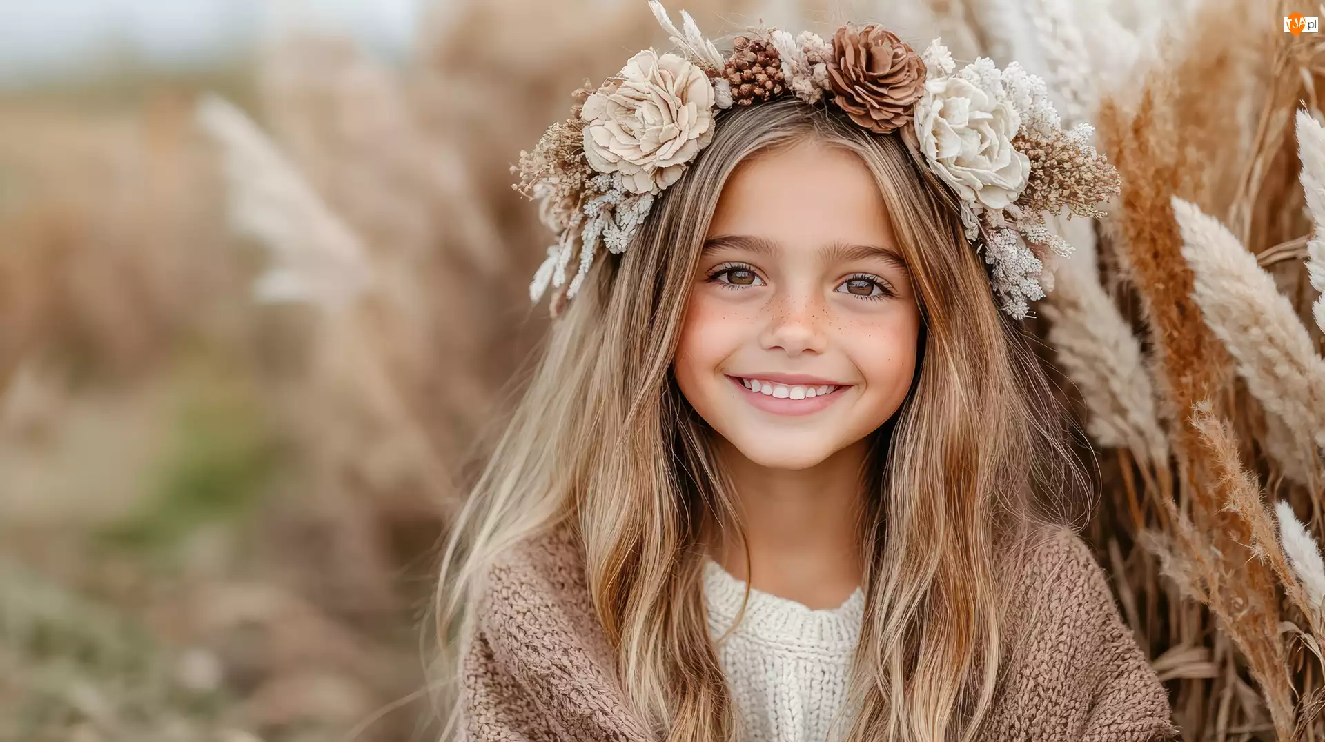 Dziewczynka, Uśmiechnięta, Wianek, Trawa, Blondynka, Kwiaty