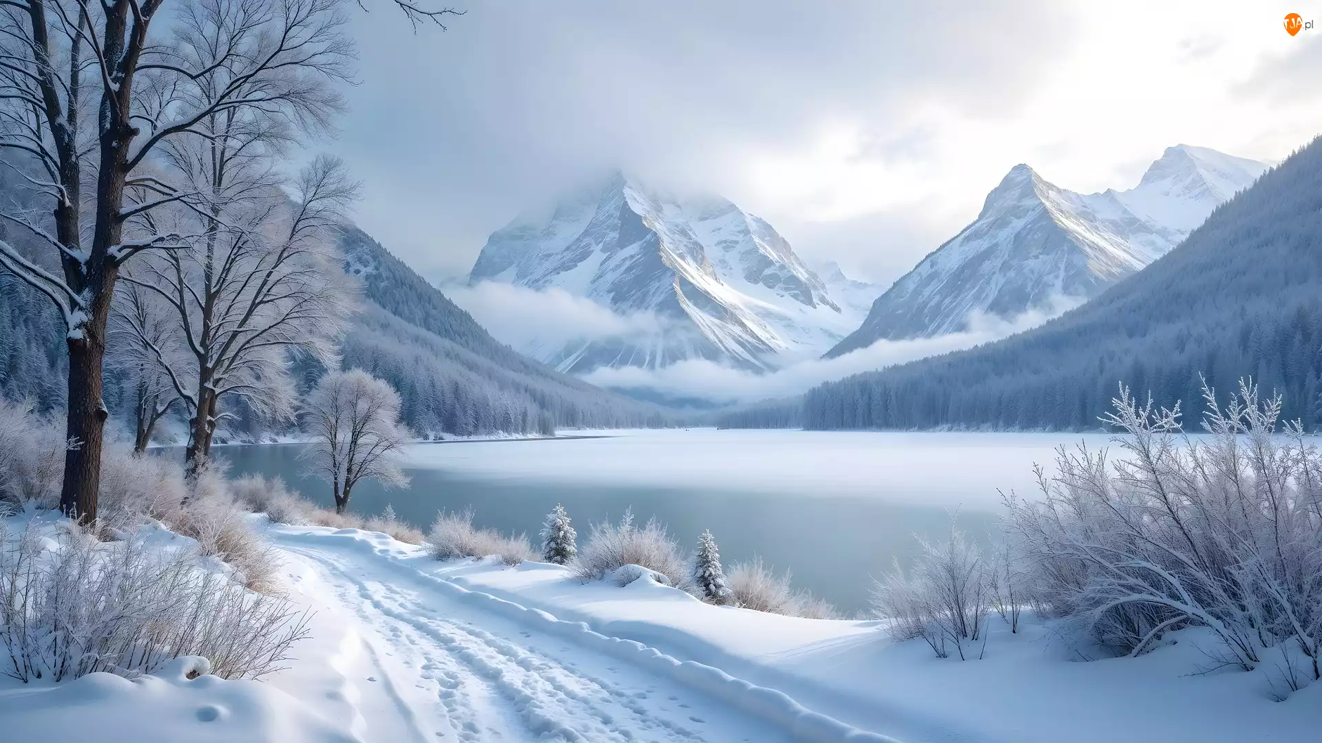 Góry, Ośnieżone, AI, Zima, Droga, Drzewa, Jezioro