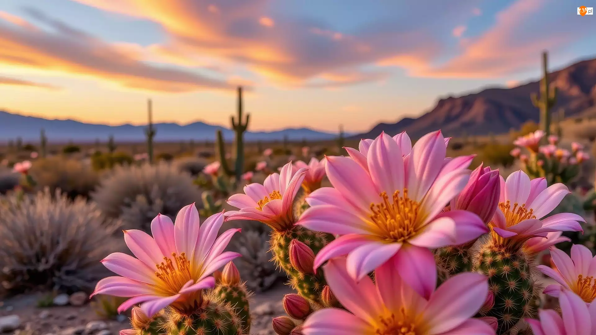 Góry, Kaktusy, Różowe, Kwiaty