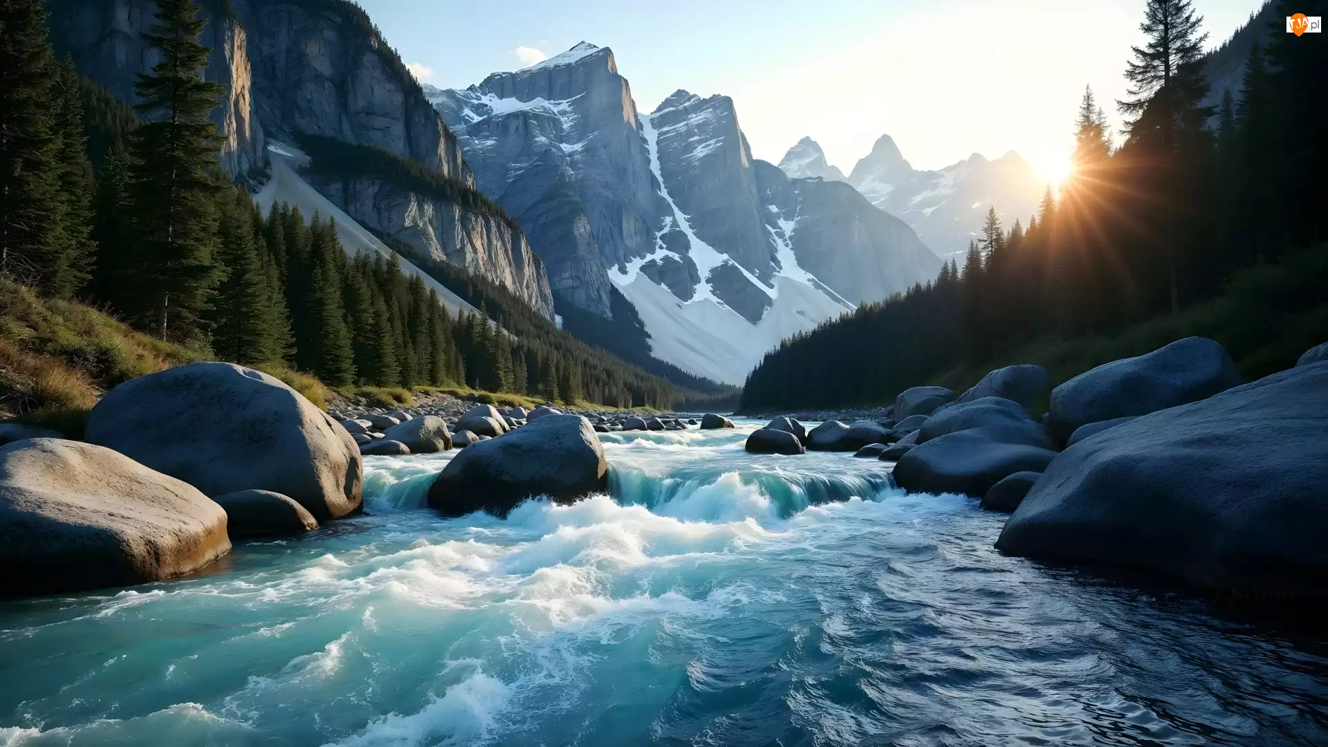 Góry, Grafika AI, Kamienie, Rzeka, Promienie słońca