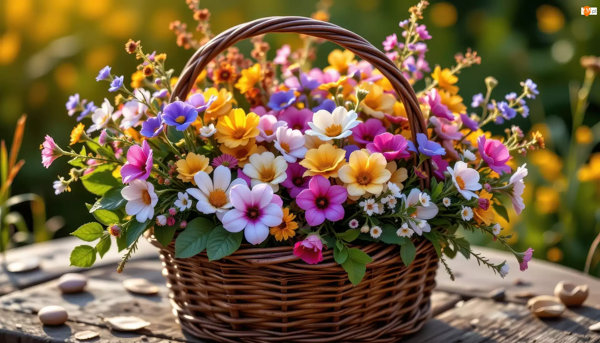 Koszyk, Kolorowe, Kwiaty, Wiklinowy