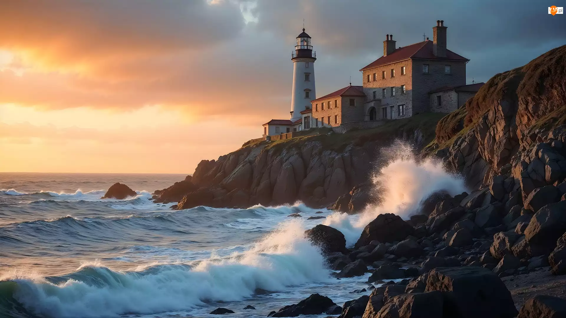 Latarnia morska, Zachód słońca, Fale, Morze, Skały