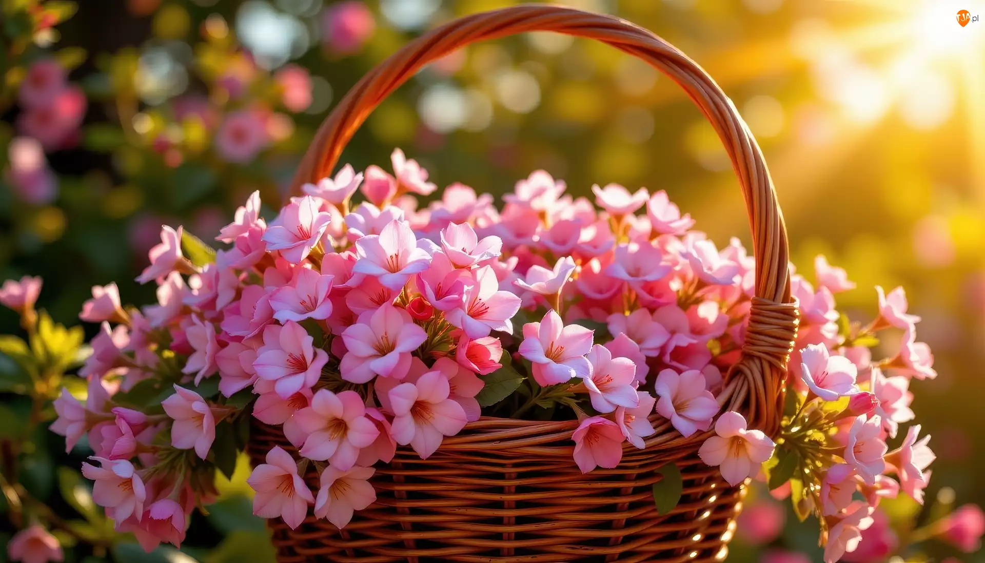 Koszyk, Różowe, Kwiaty, Wiklinowy