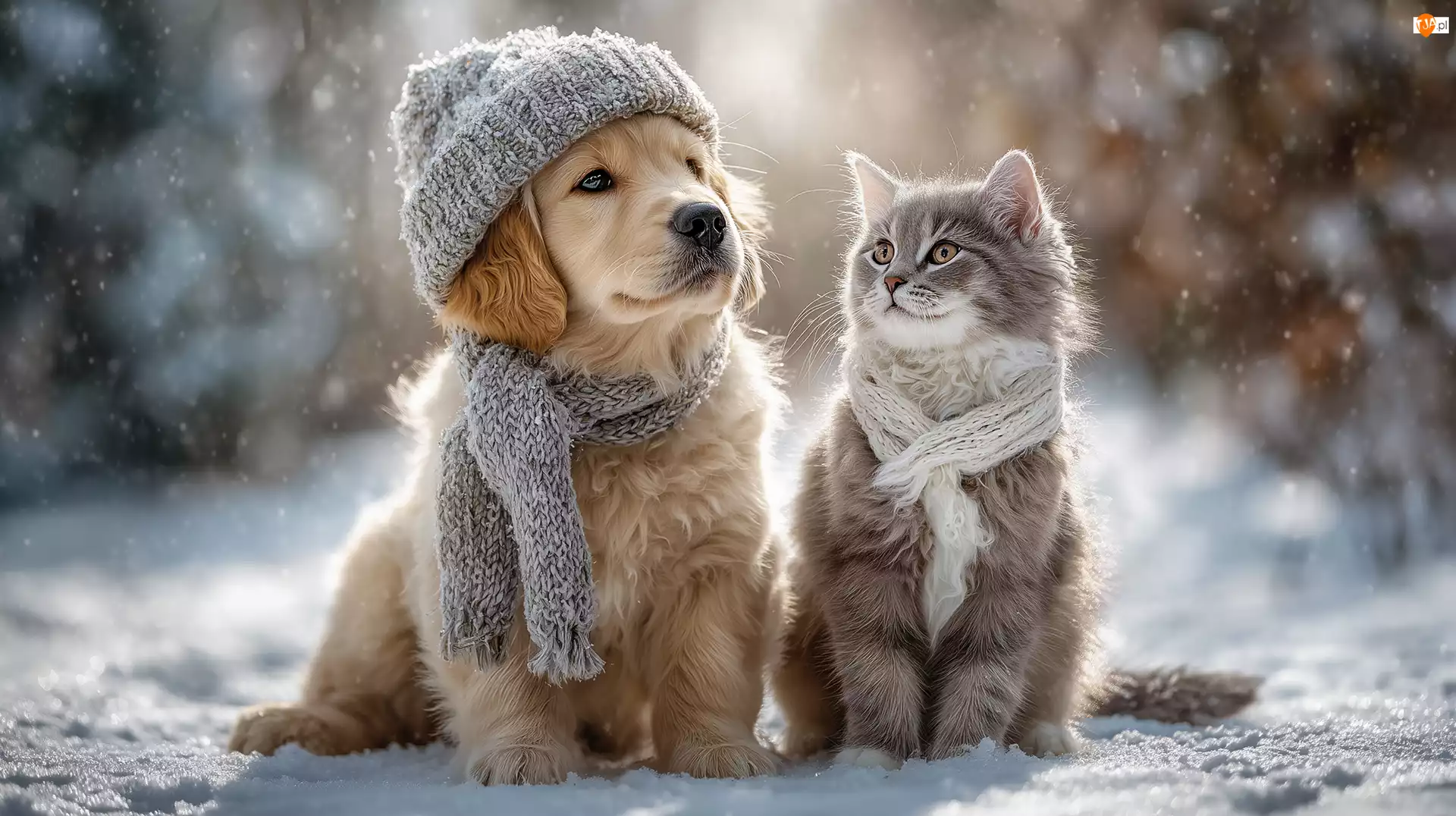 Kot, Pies, Szalik, Grafika AI, Czapka, Zima