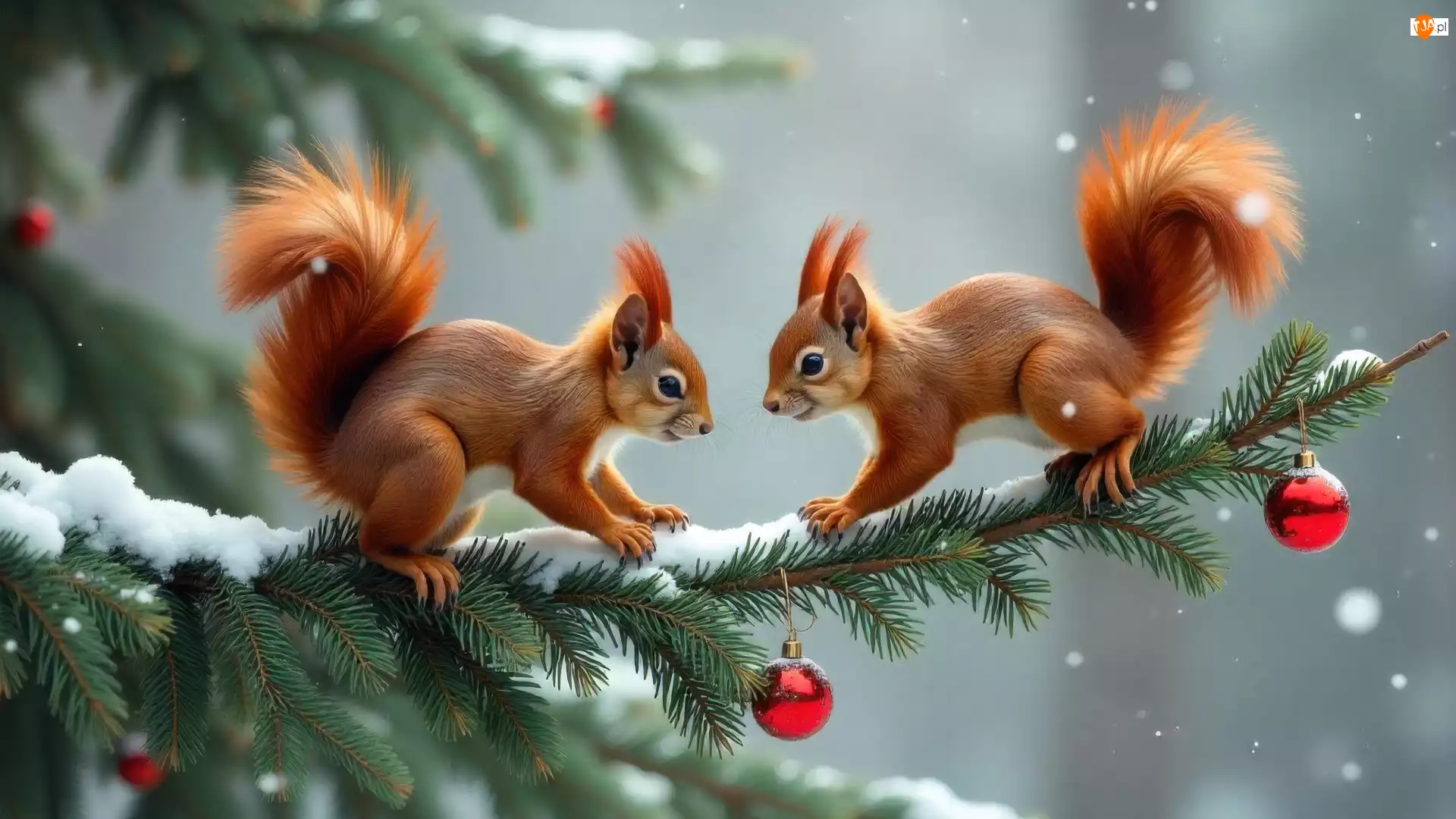 Rude, Wiewiórki, Gałązka, Dwie, Ośnieżona, Bombki, Czerwone