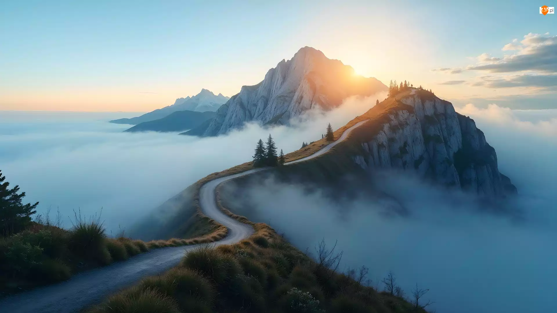 Wschód Słońca, Góry, Mgła, Droga