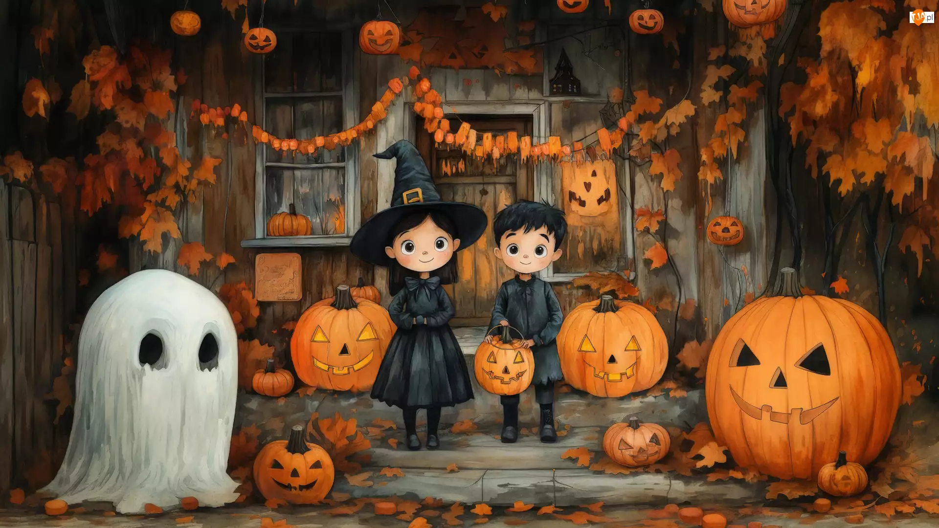 Dzieci, Dynie, AI, Halloween, Dekoracje, Dom, Duszek