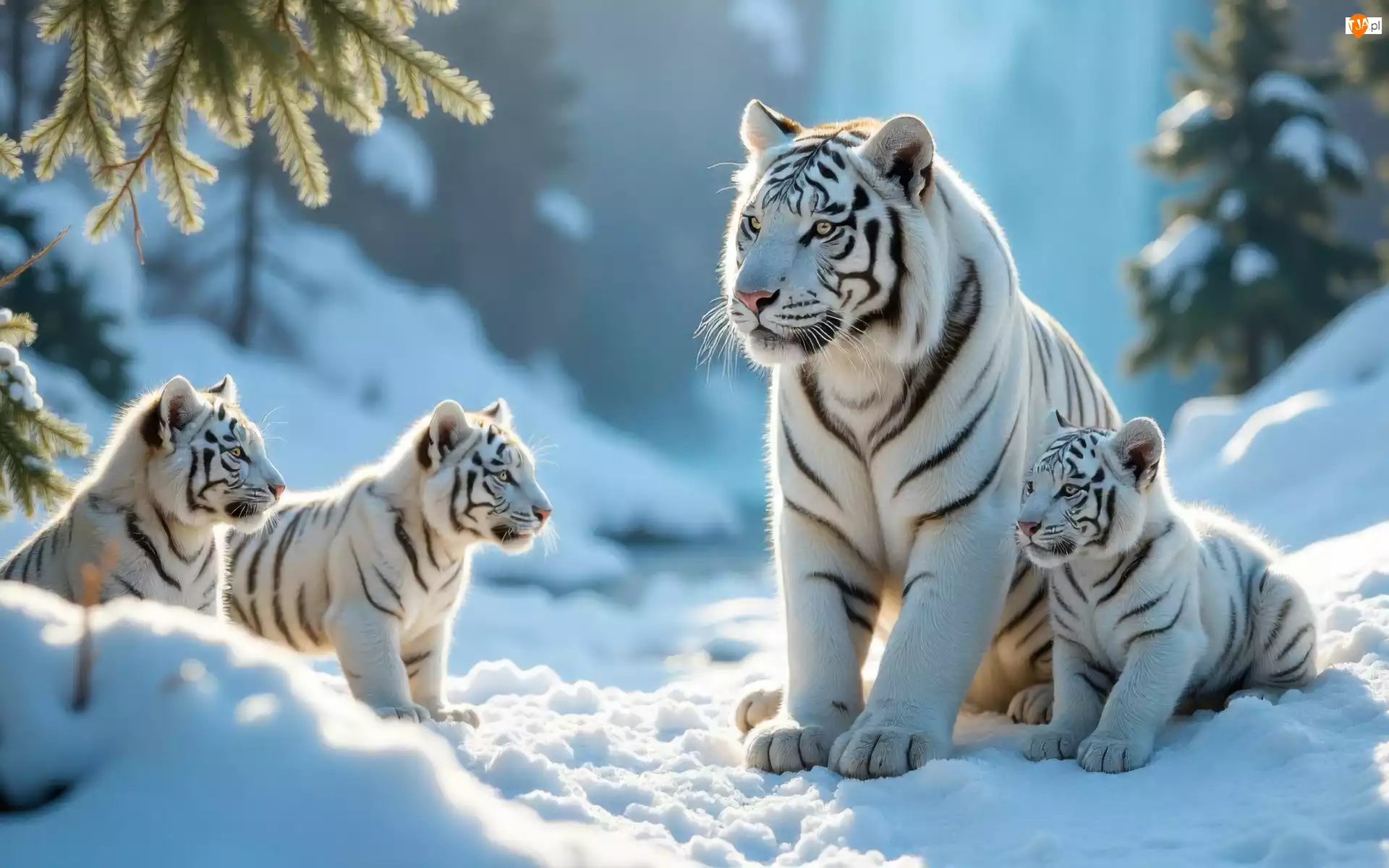 Grafika AI, Tygrysiątka, Gałązki, Trzy, Tygrysy, Białe, Śnieg, Zima, Tygrysica, Iglaste