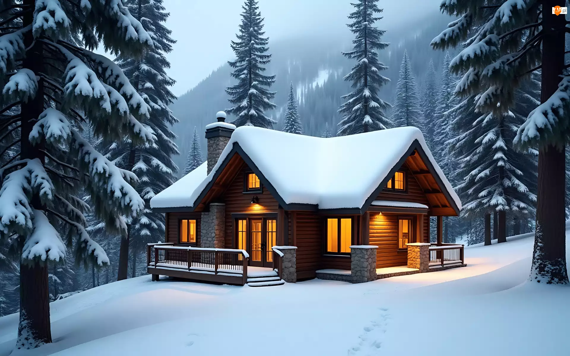 Las, Zima, Światła, Drzewa, Dom, Śnieg