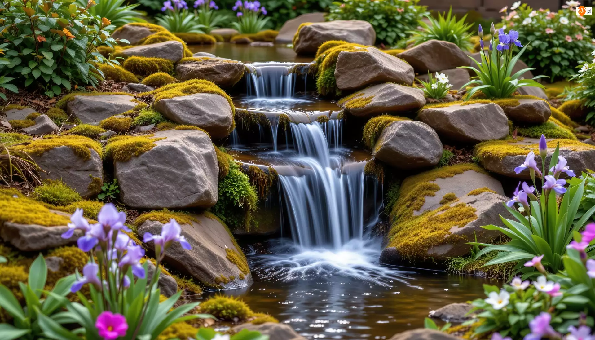 Ogród, Kaskada, Kamienie, Kwiaty