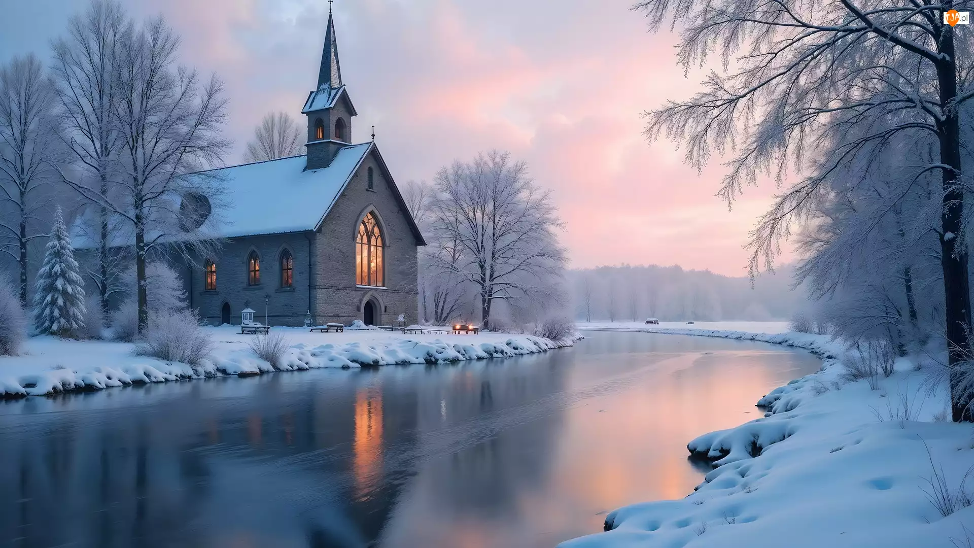 Drzewa, AI, Kościół, Rzeka, Zima