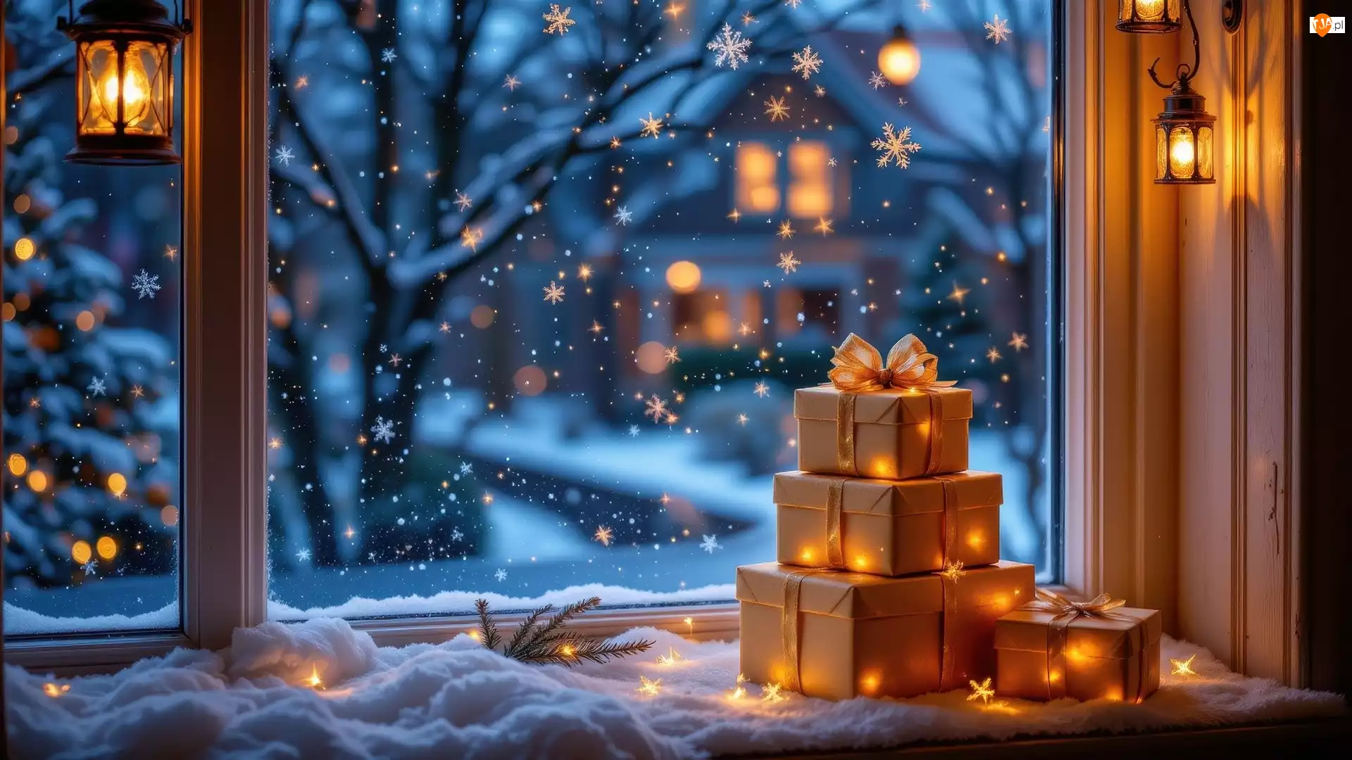 Zima, Lampiony, Śnieg, Okno, Prezenty