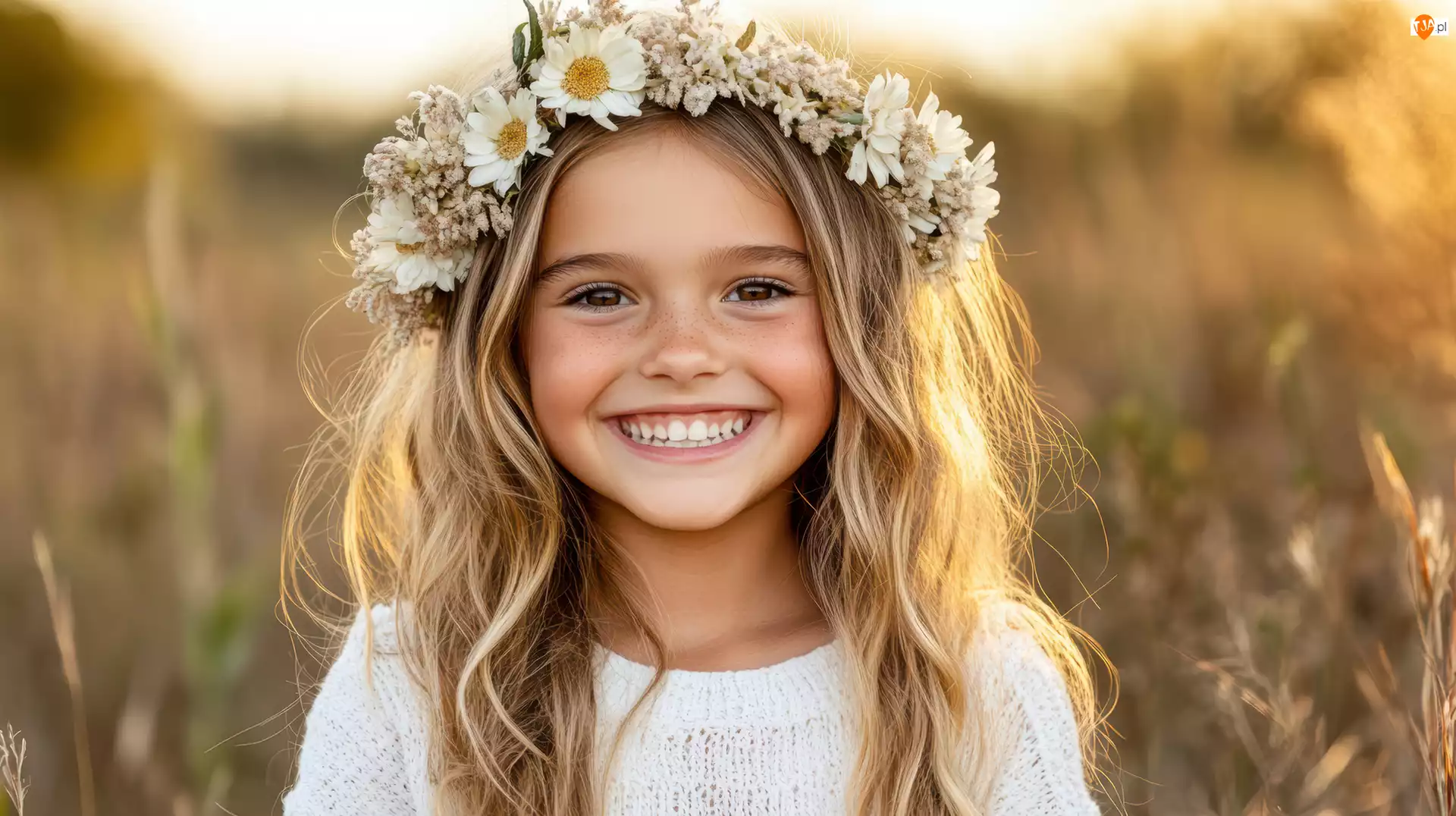 Blondynka, Wianek, Dziewczynka, Uśmiechnięta, Kwiaty