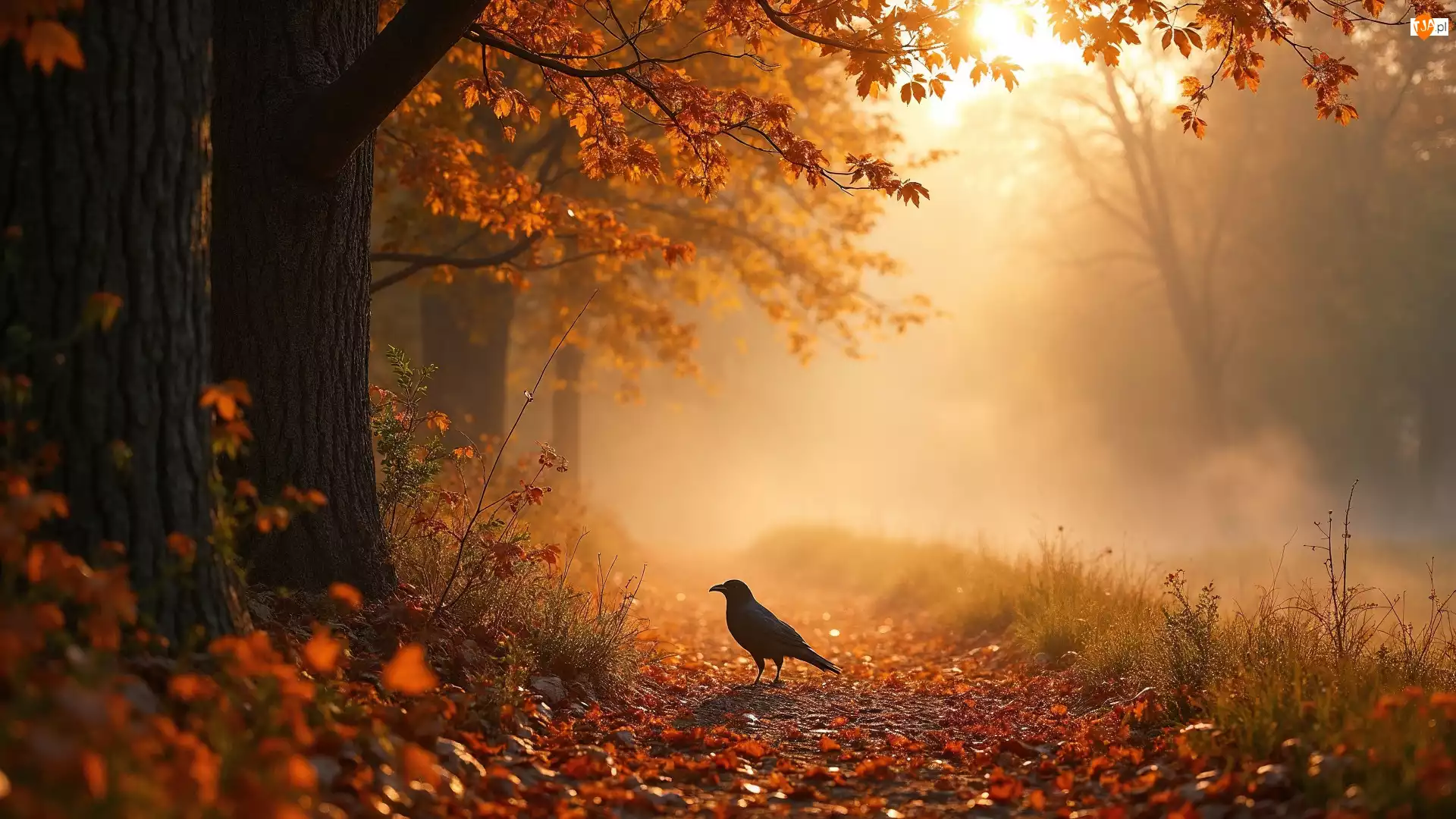 Park, Wrona, Mgła, Jesień, Liście, Drzewa, Ścieżka