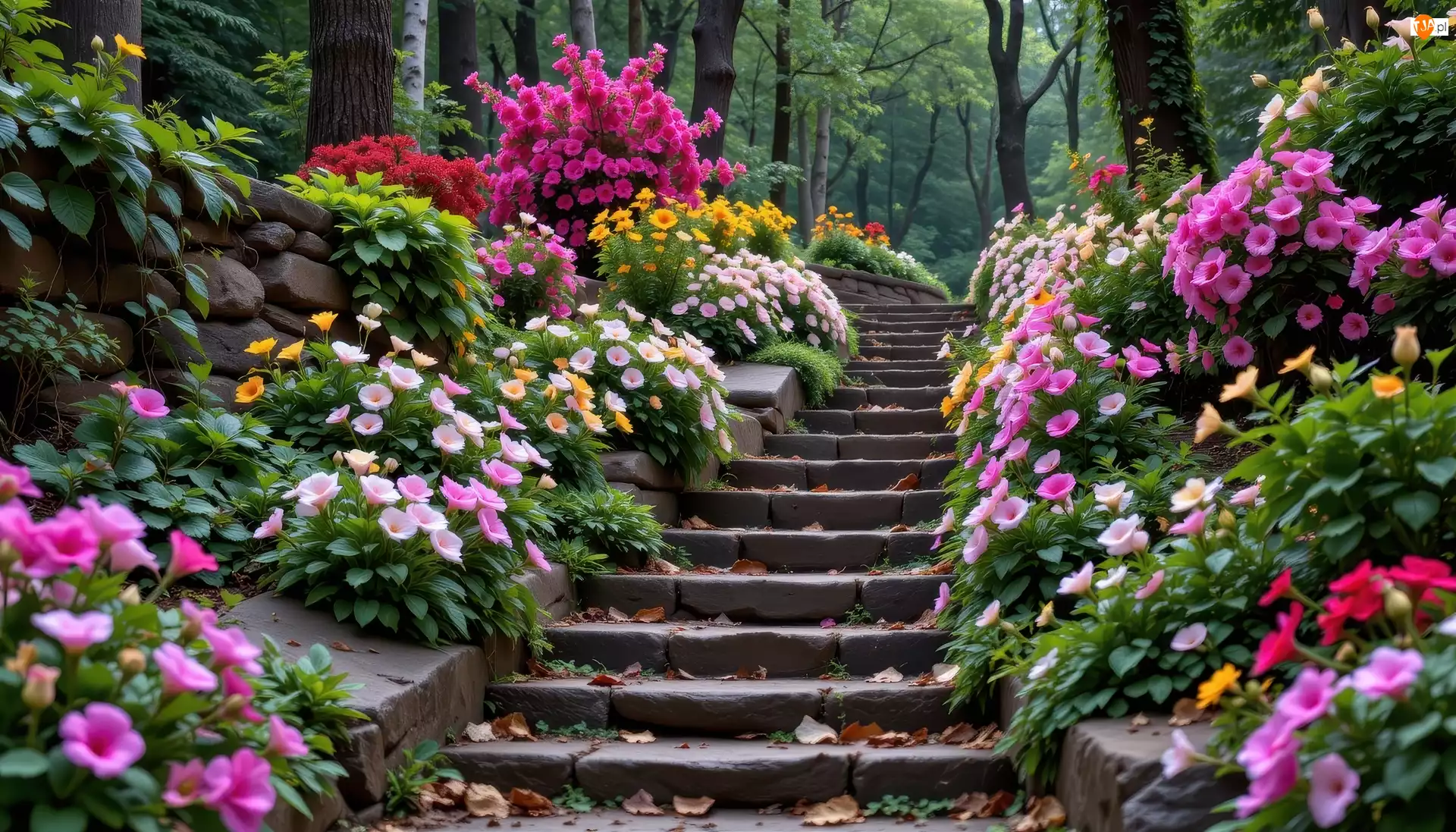 Ogród, Schody, Kolorowe, Kwiaty