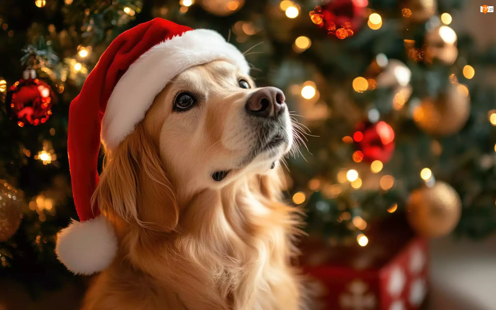 Golden retriever, Pies, Świętego, Grafika AI, Czapka, Mikołaja