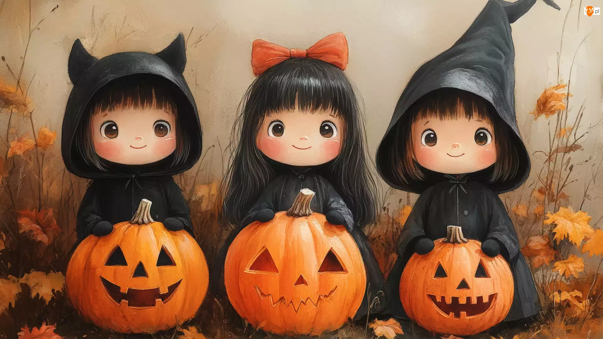 Trzy, Halloween, Stroje, Liście, Dziewczynki, Dynie