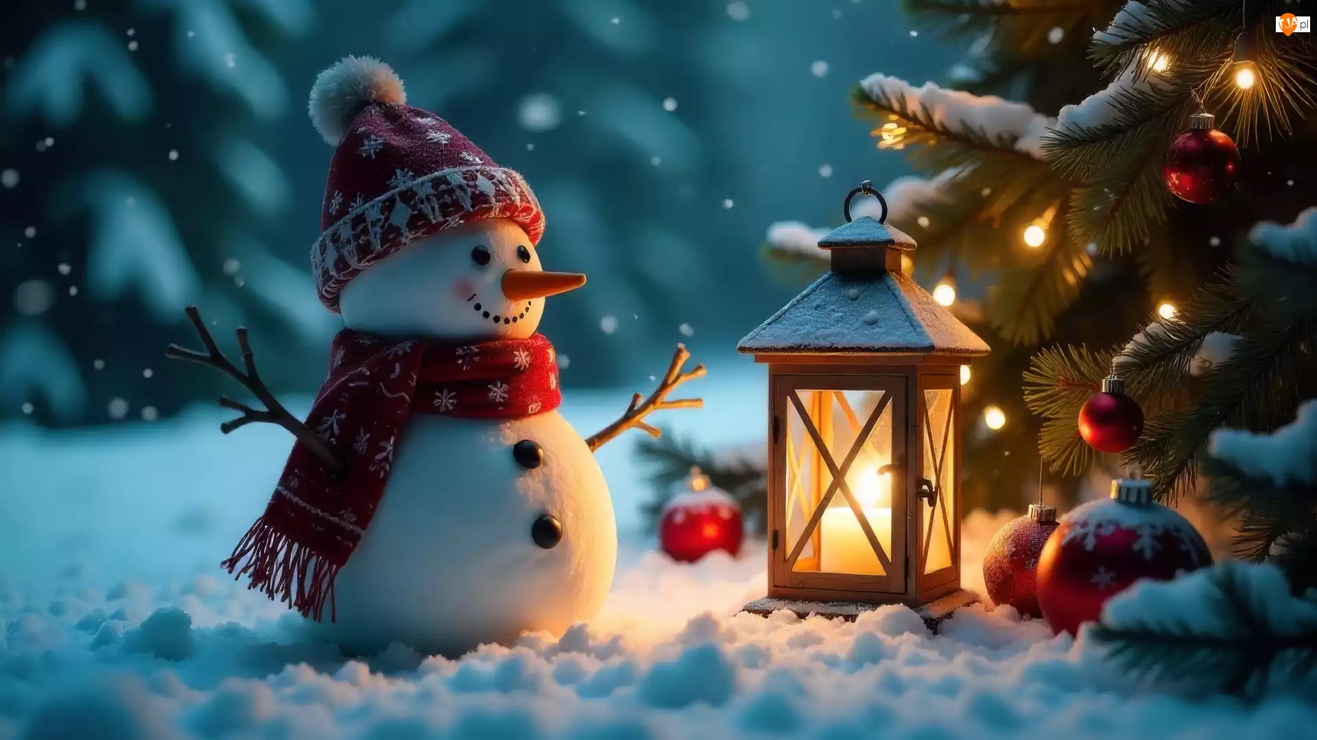 Grafika AI, Bałwan, Boże Narodzenie, Choinka, Śnieg, Czapka, Szalik, Zima, Lampion