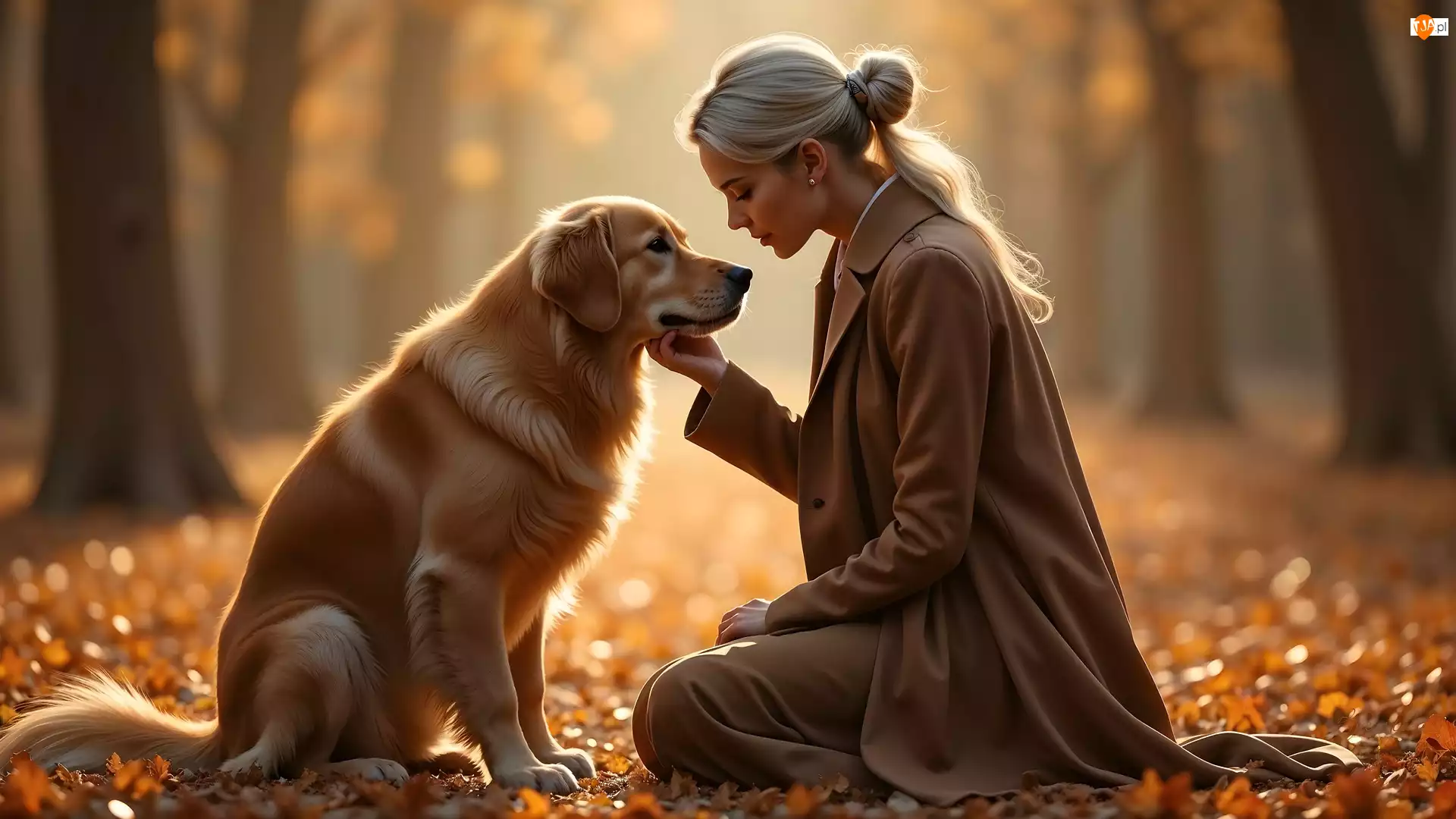 Blondynka, Kobieta, Pies, Jesień, Płaszcz, Golden retriever
