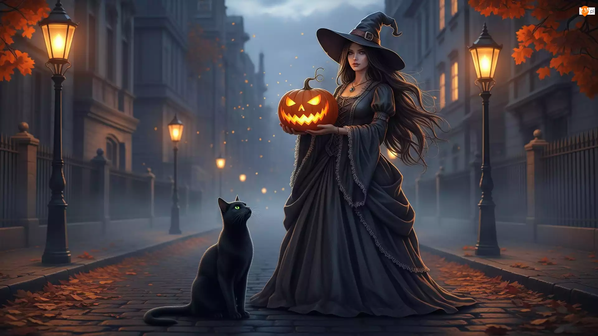 Czarny, Czarny, Domy, Kot, Czarny, Latarnie, Kapelusz, Czarownica, Ulica, Płaszcz, Halloween