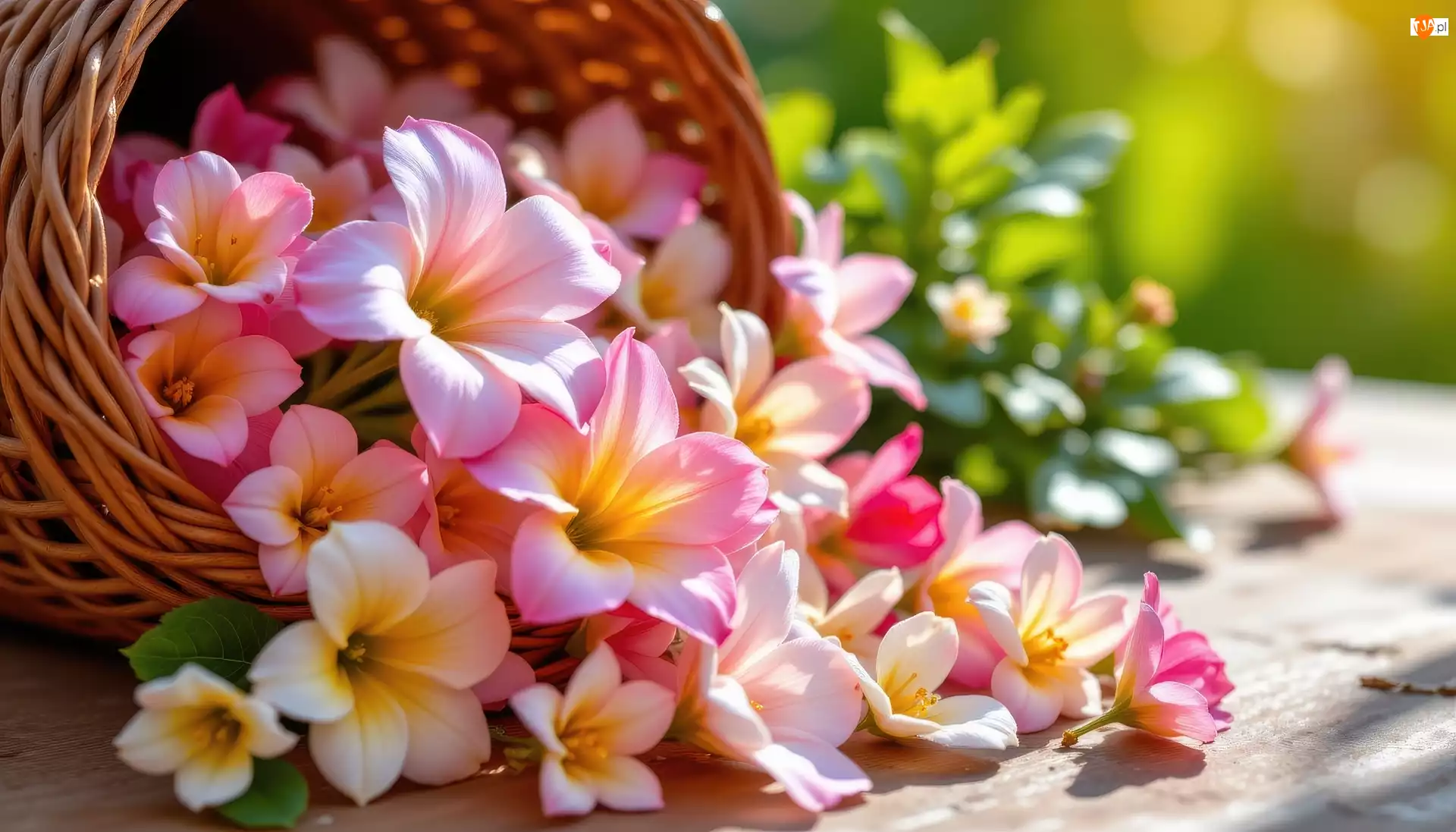 Listki, Koszyk, Kwiaty, Różowe, Wiklinowy