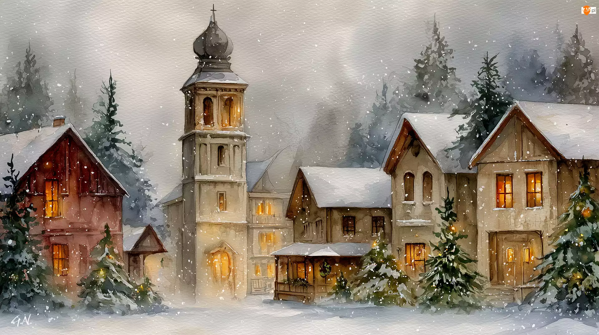 Choinki, Grafika AI, Kościół, Domy, Zima