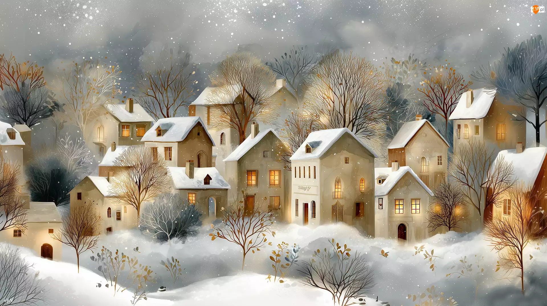 Zima, Śnieg, Grafika AI, Domy