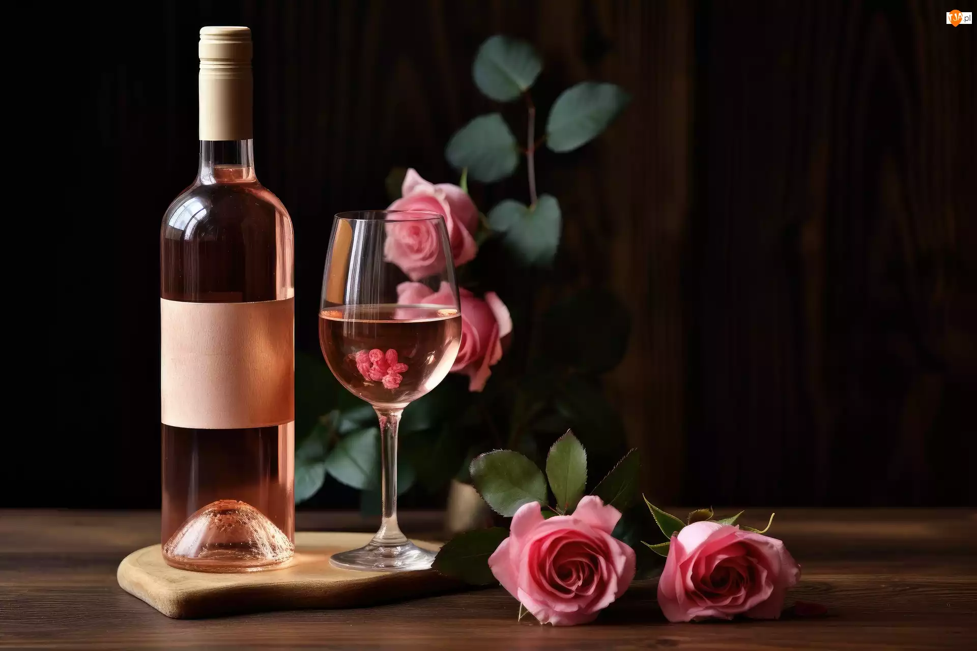 Różowe, Wino, Kieliszek, AI, Róże, Liście