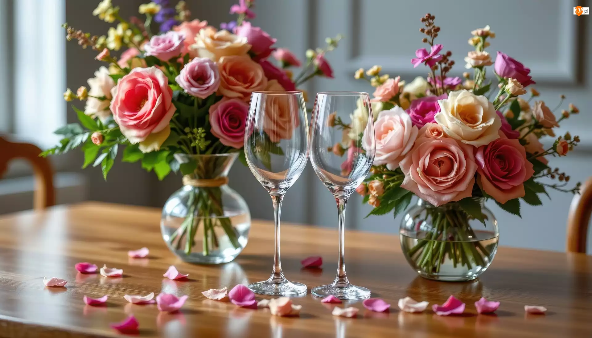 Dwa, Grafika AI, Bukiety, Róże, Kieliszki