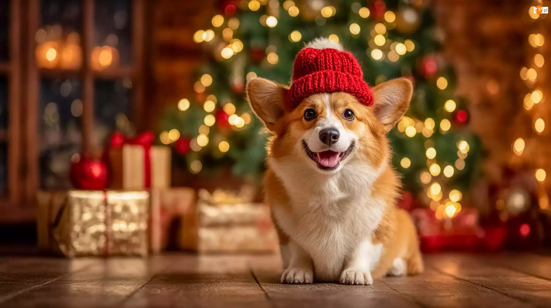 Welsh corgi pembroke, Pies, Czapka, Choinka, Czerwona, Prezenty