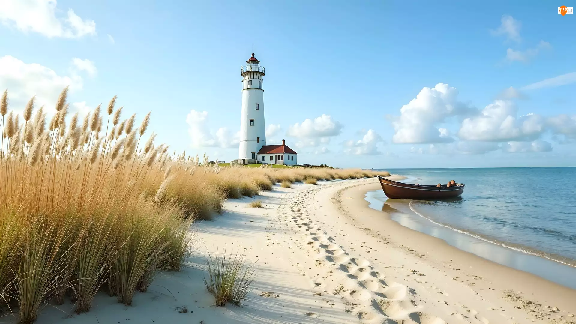 Morze, Trawa, Plaża, Latarnia morska, Łódka