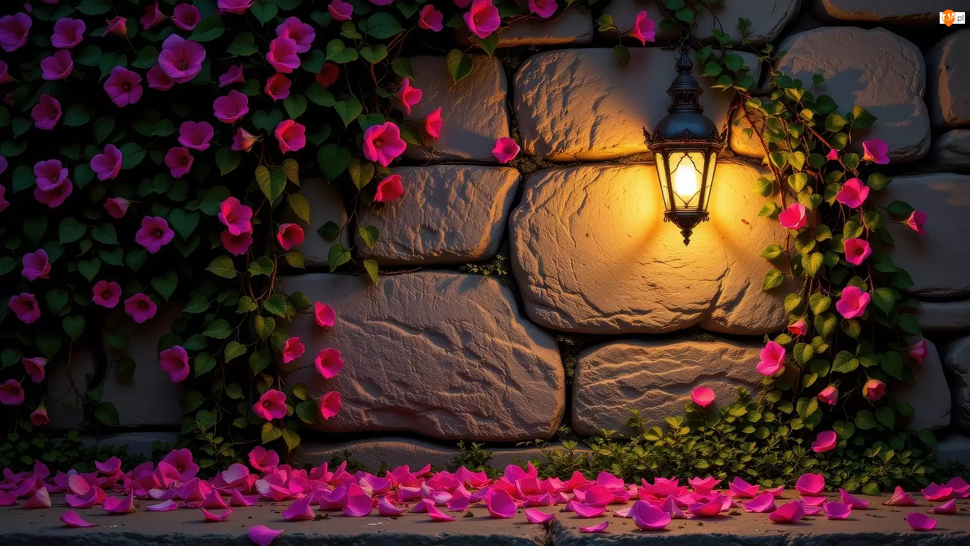 Lampion, Ściana, Kwiaty, Płatki, Mur, Świecący, Kwiatów, Purpurowe