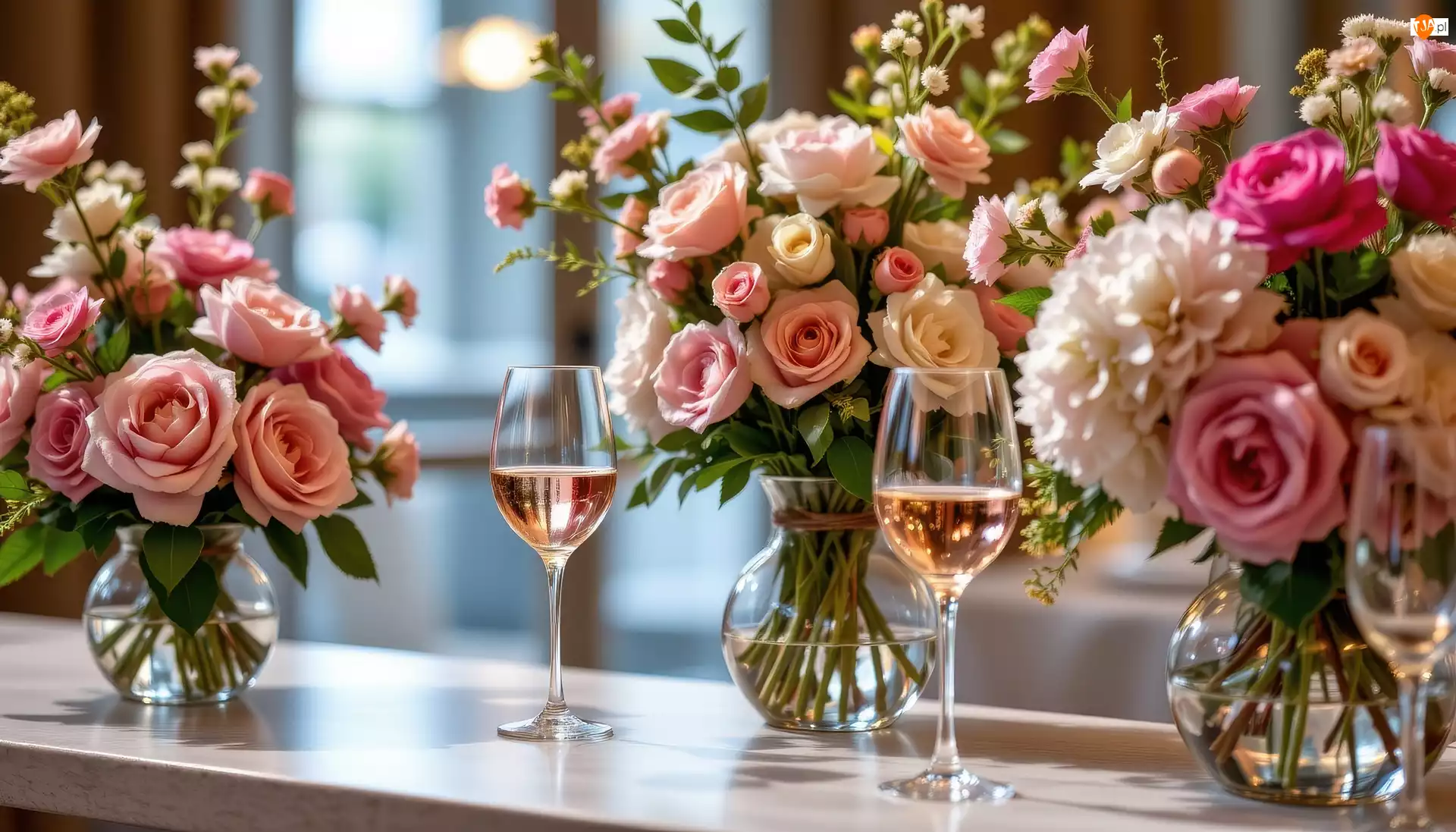 Kieliszki, Grafika AI, Bukiety, Róże, Blat