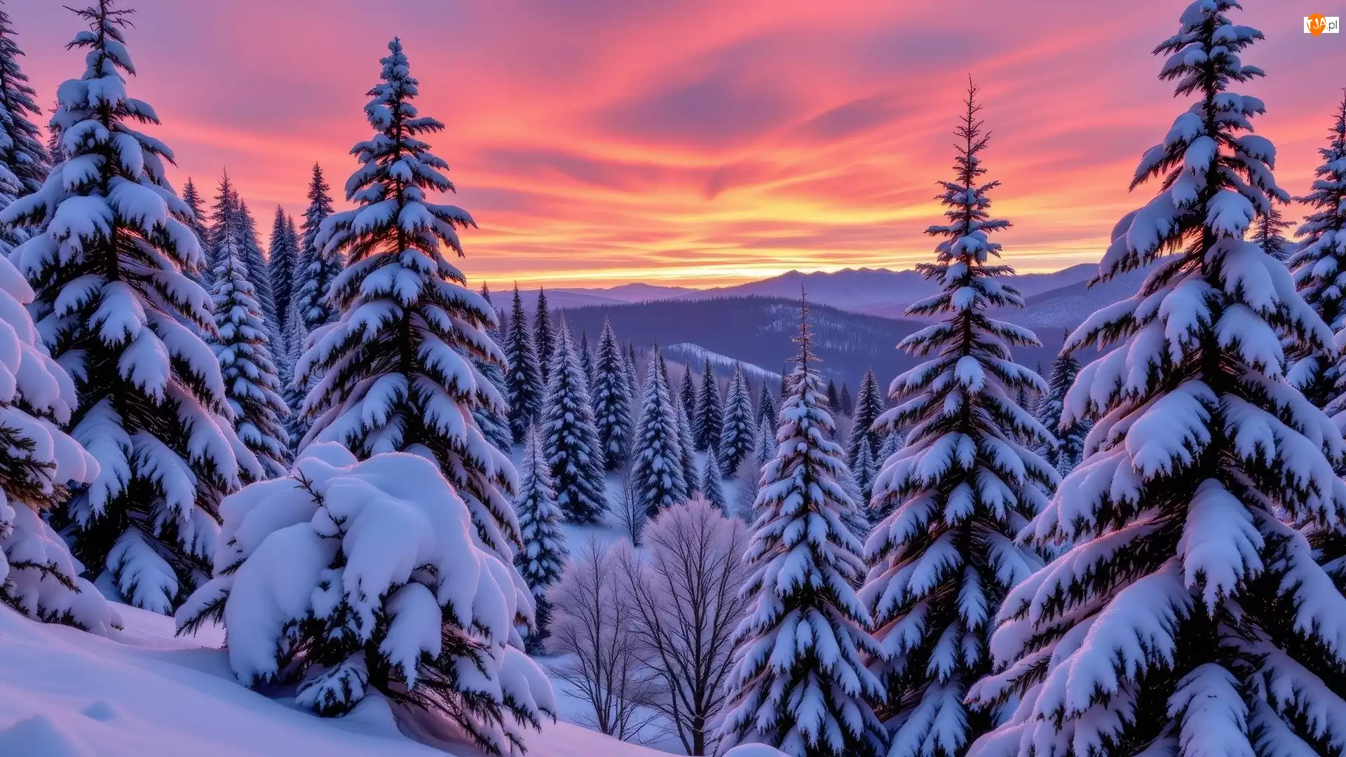 Zachód słońca, Kolorowe, Góry, Zima, Drzewa, Ośnieżone, Niebo