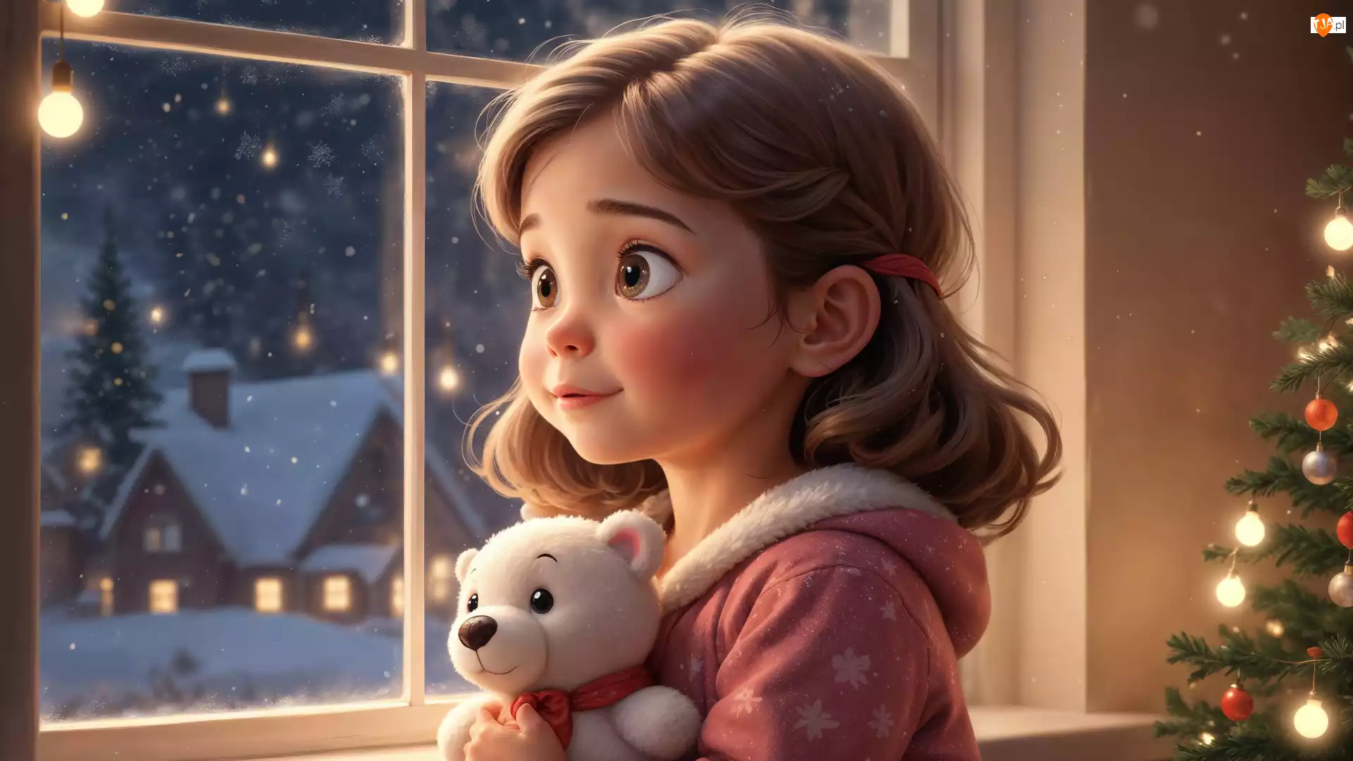 Pluszowy, Dziewczynka, Okno, AI, Miś, Noc