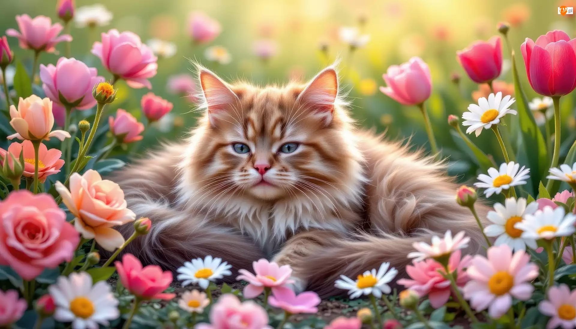 Puszysty, Kot, Tulipany, AI, Kwiaty, Róże