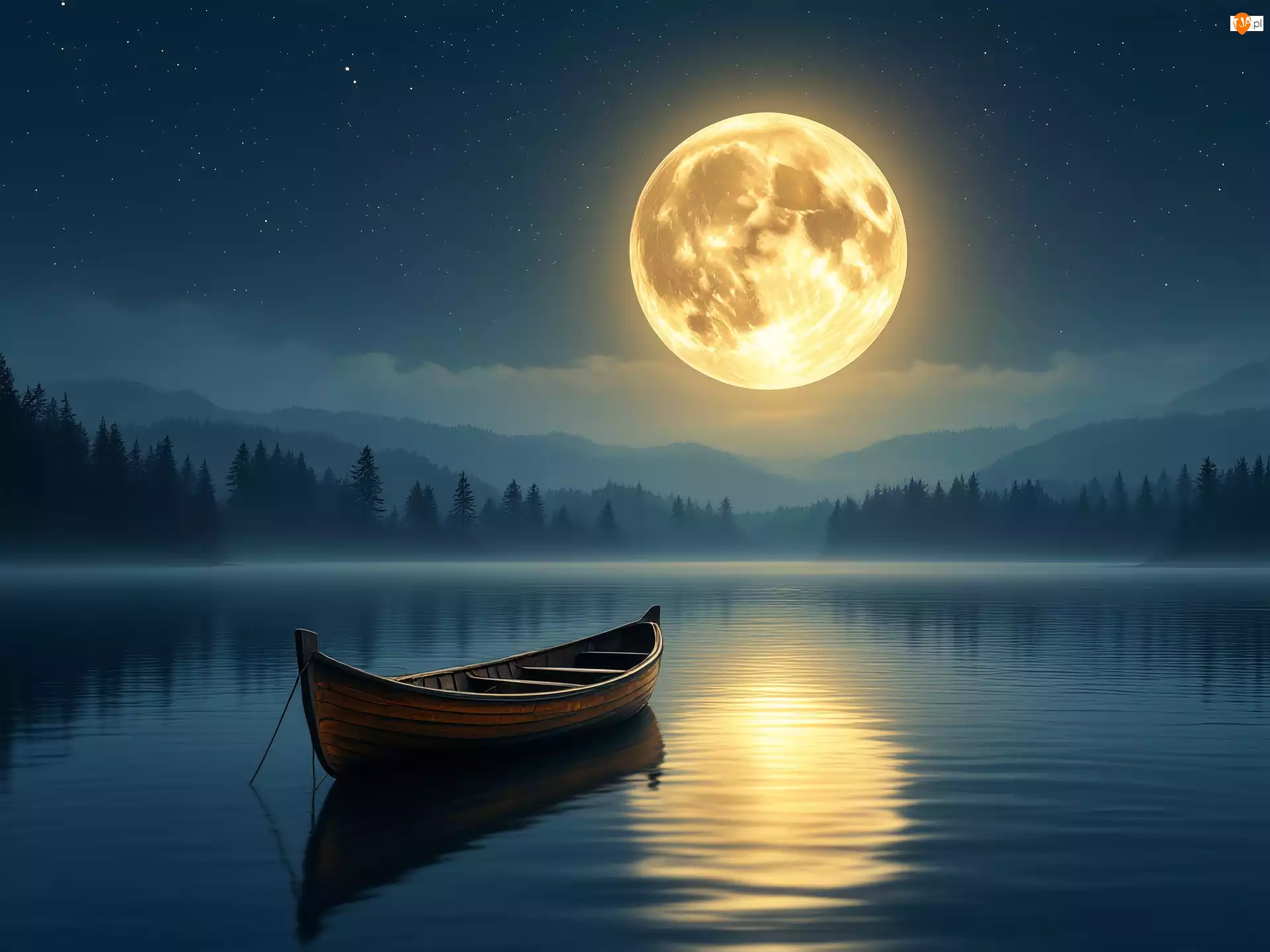 Łódka, AI, Księżyc, Noc, Jezioro