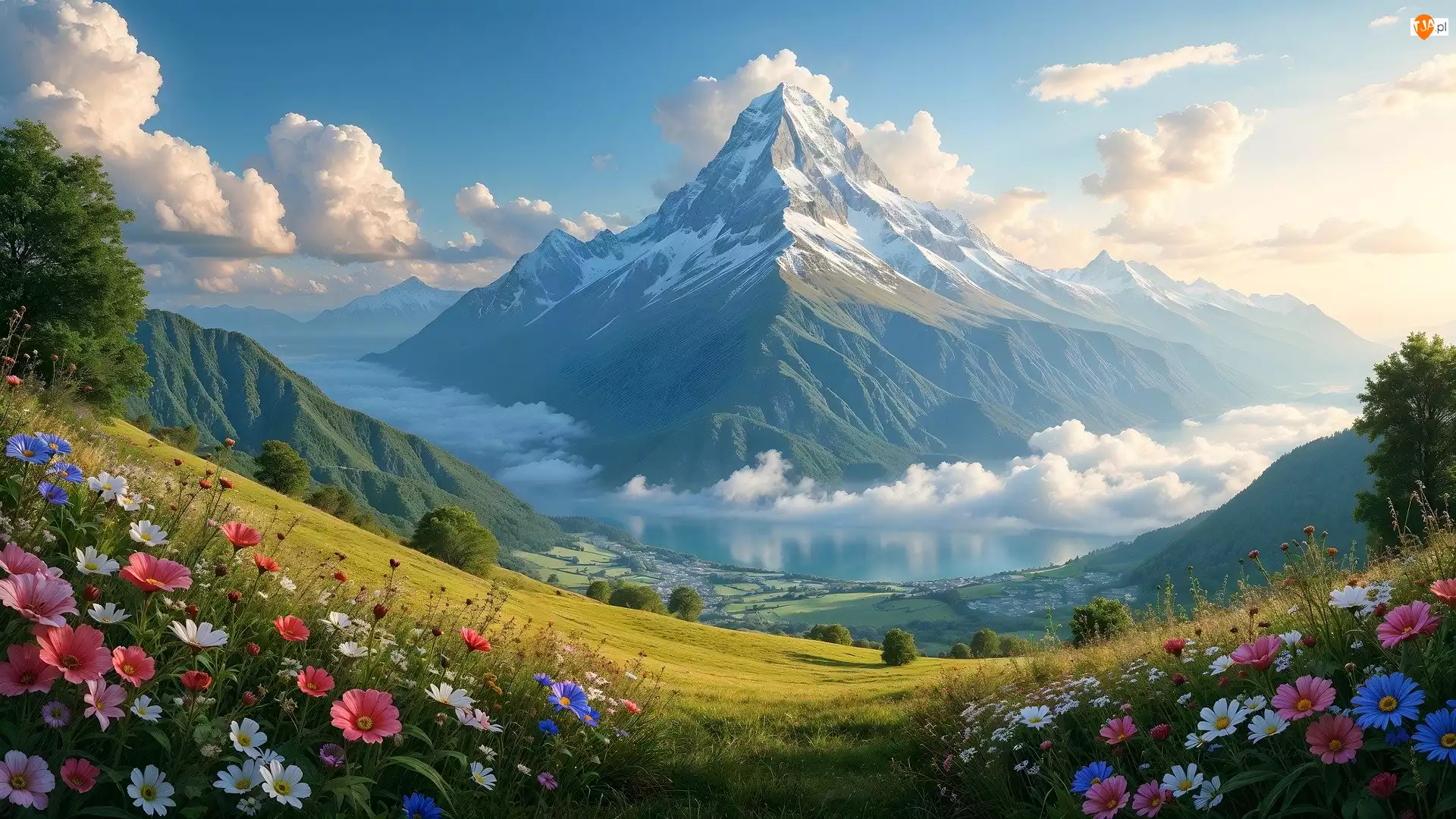 Kwiaty, Góry, Jezioro, Łąka