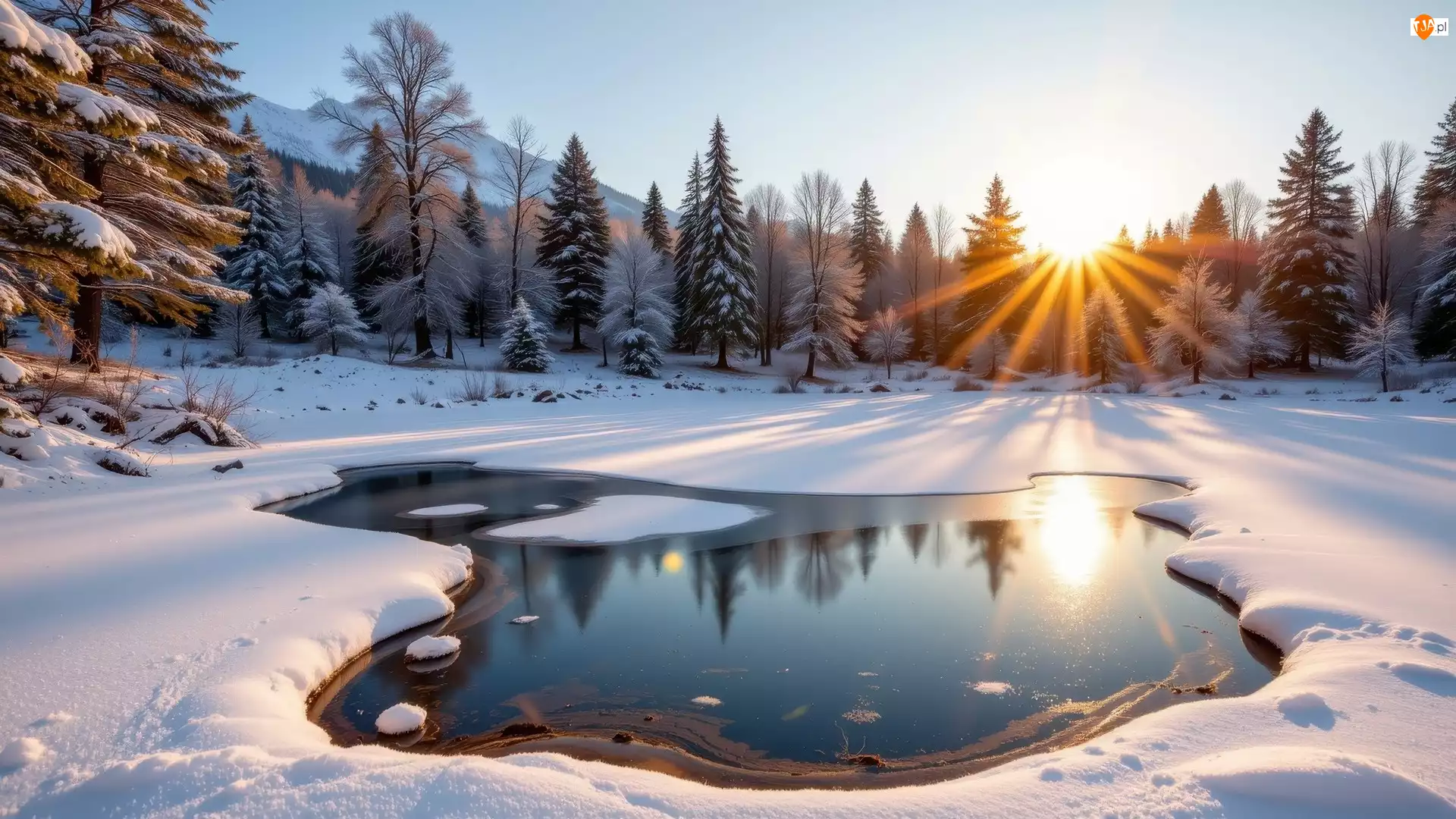 Śnieg, Zima, Drzewa, Jezioro, Ośnieżone, Promienie słońca