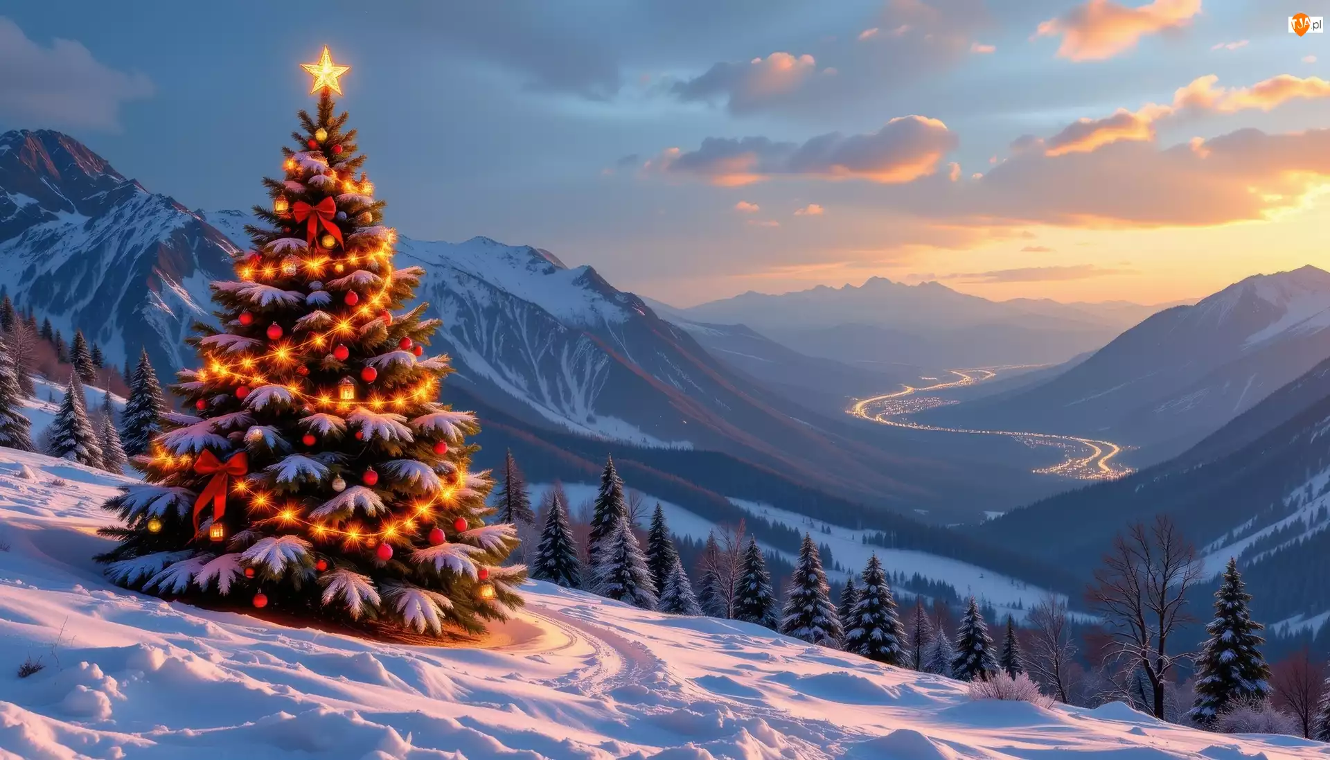 Zima, Choinka, AI, Boże Narodzenie, Dolina, Góry, Zbocze