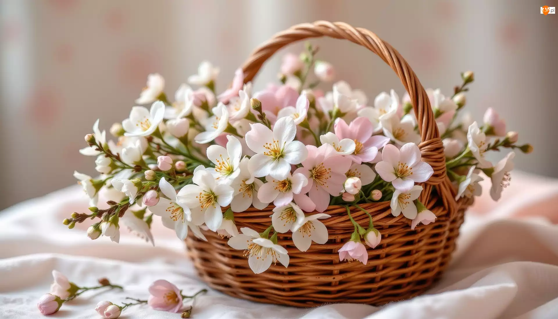 Kwiaty, Koszyk, Różowe, Białe, Wiklinowy