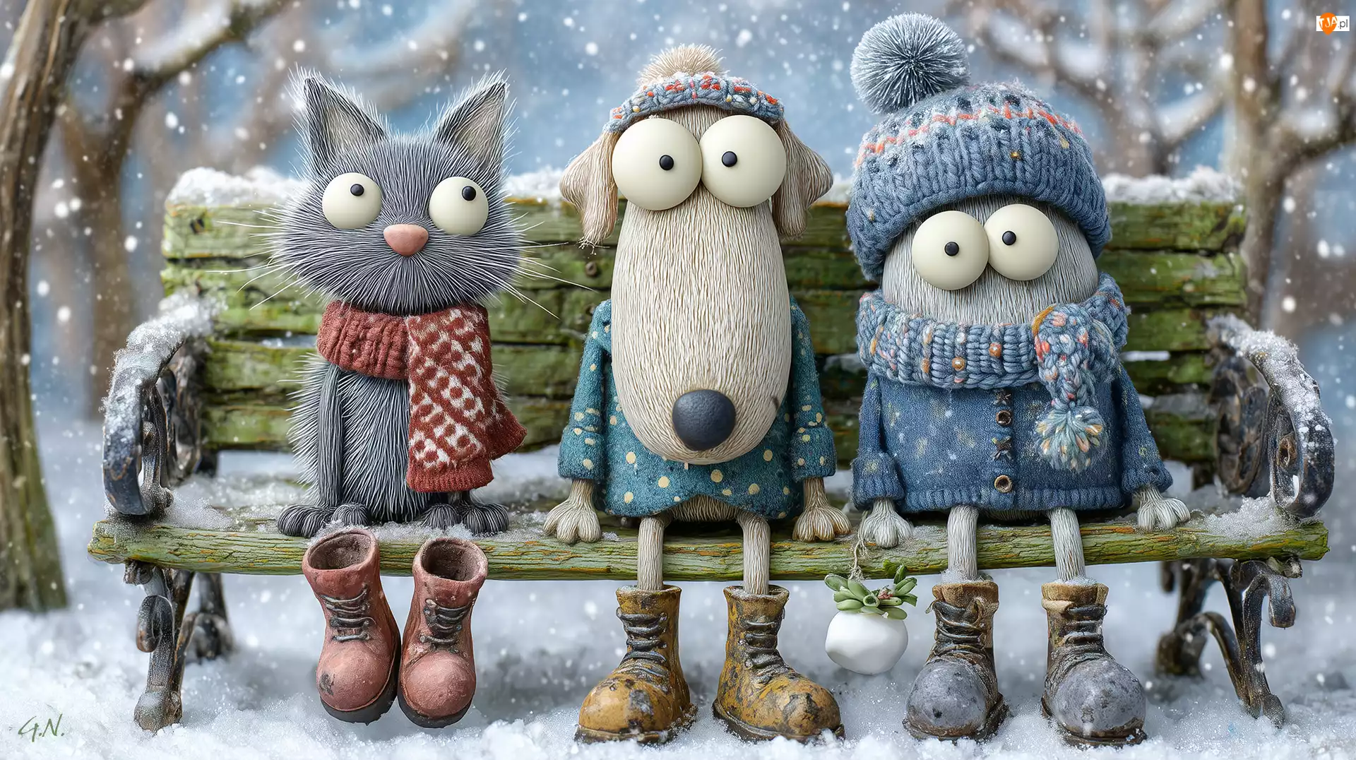 Kot, Pies, Ławka, Grafika AI, Ludzik, Zima