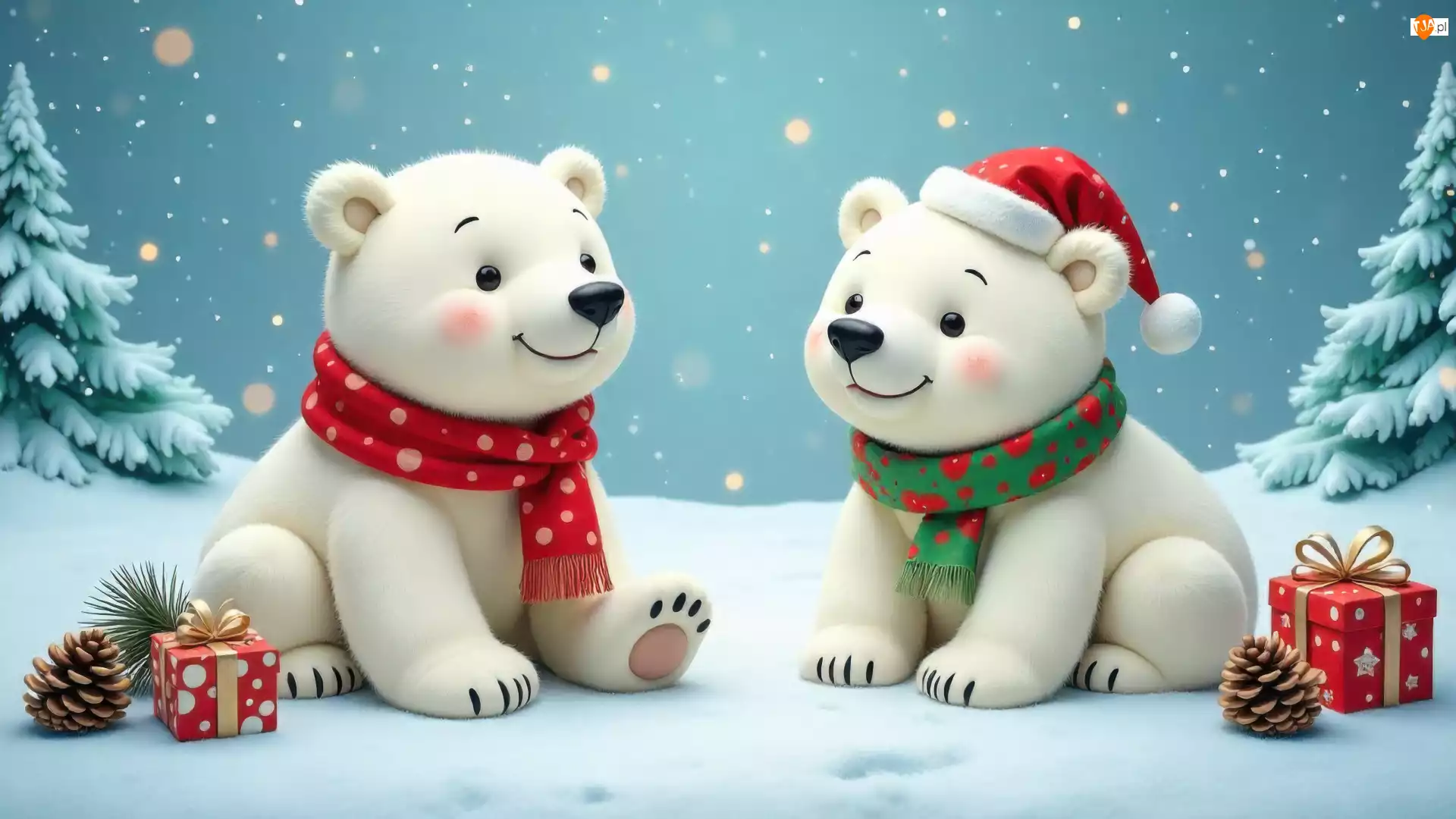 Śnieg, Zima, Czapka, Prezenty, Dwa, Szalik, Świąteczne, Misie