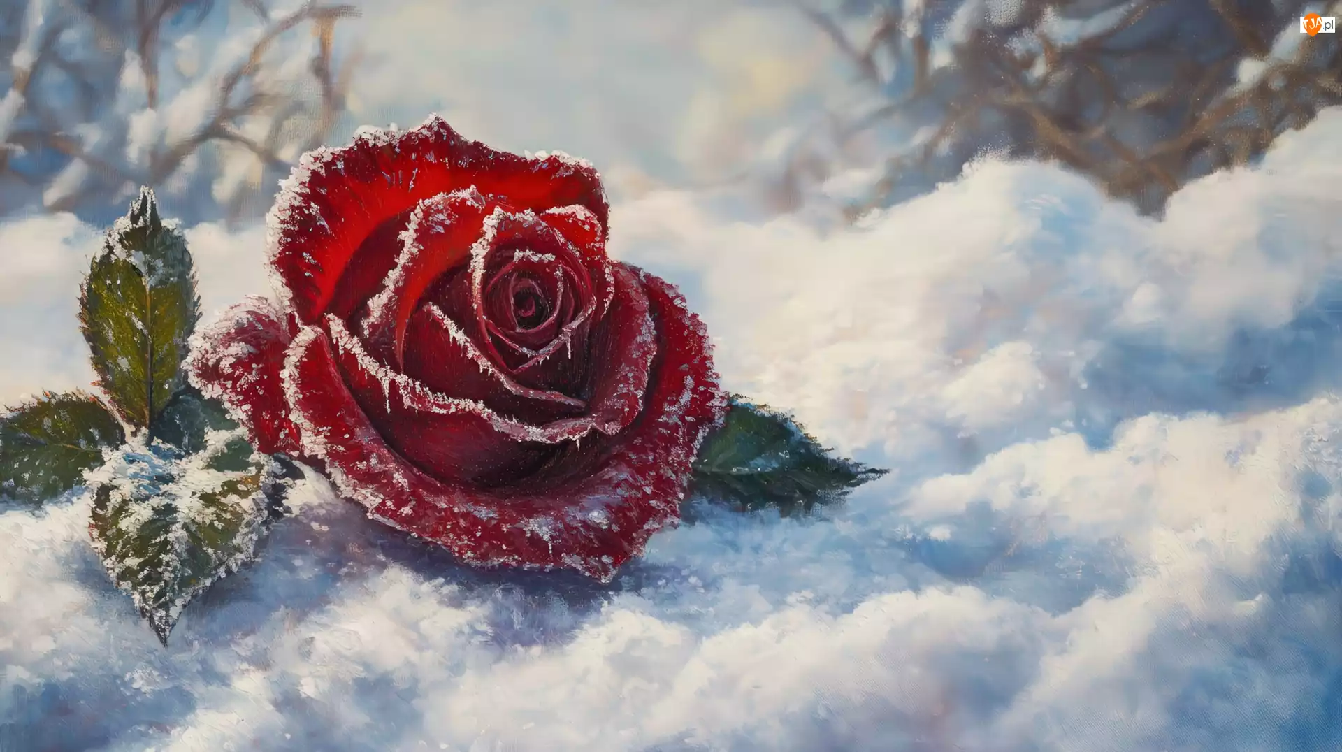Czerwona, Śnieg, Listki, Szron, Róża, Śnieg